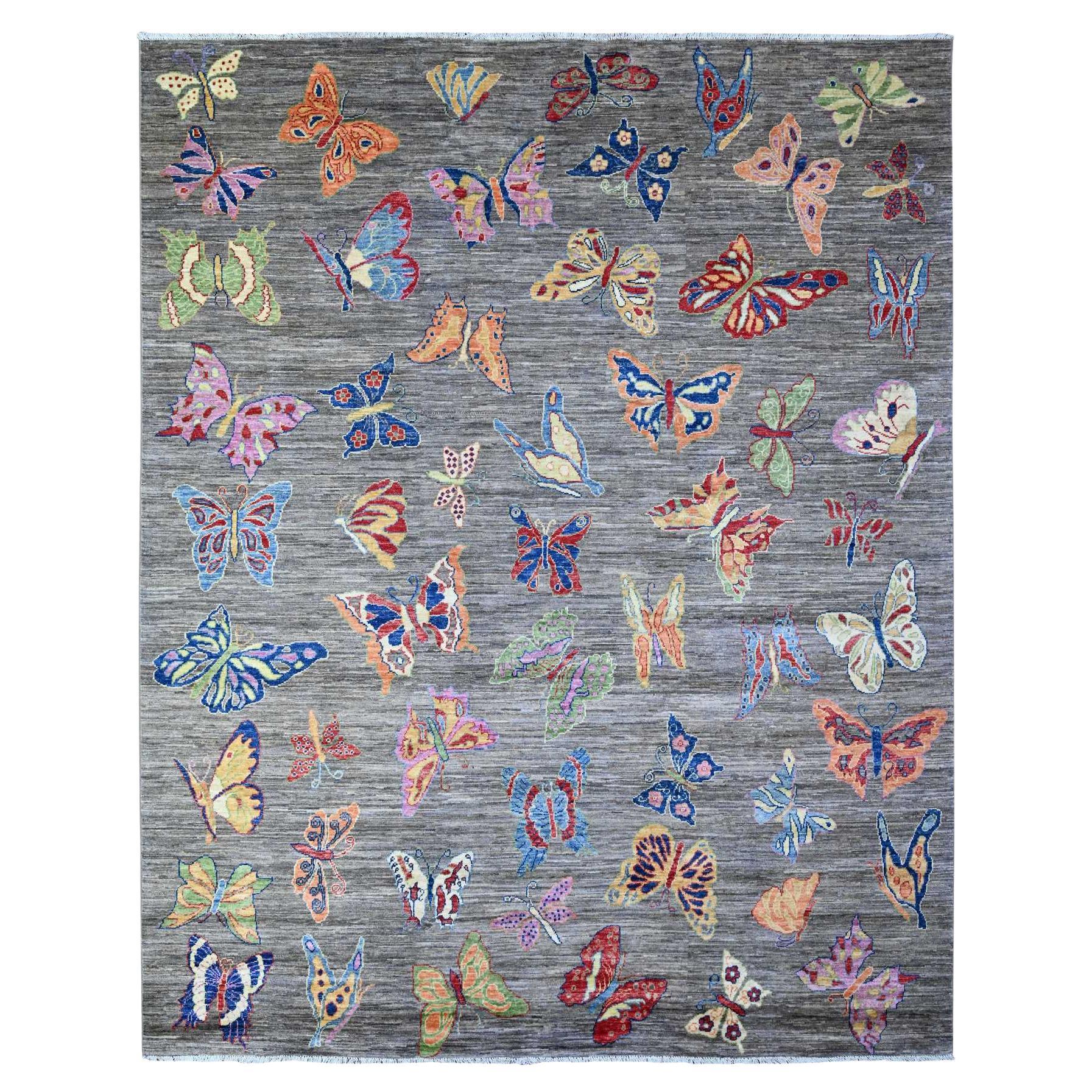 7'8 "x9'7" Gris Tiburón Todo Lana Fina Peshawar Anudada a Mano Alfombra Novedad Oriental