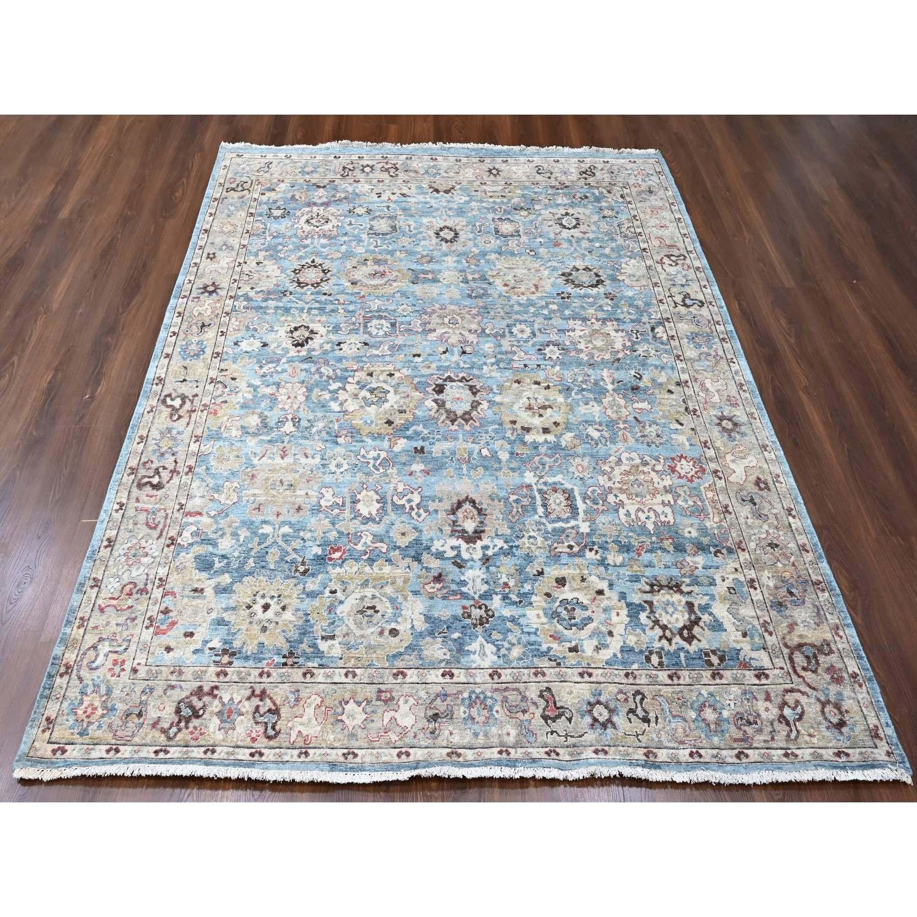 Maya Blue, Antiqued Tabriz with All Over Leaf Design,  Distressed, Zero Pile, Shaved Low, Pure Wool, Hand Knotted, Oriental Rug
Primary materials: Wool
Latex: No Pile 
height: 0.25 Inches
Style: Traditional
Primary color: Blue
Secondary colors: