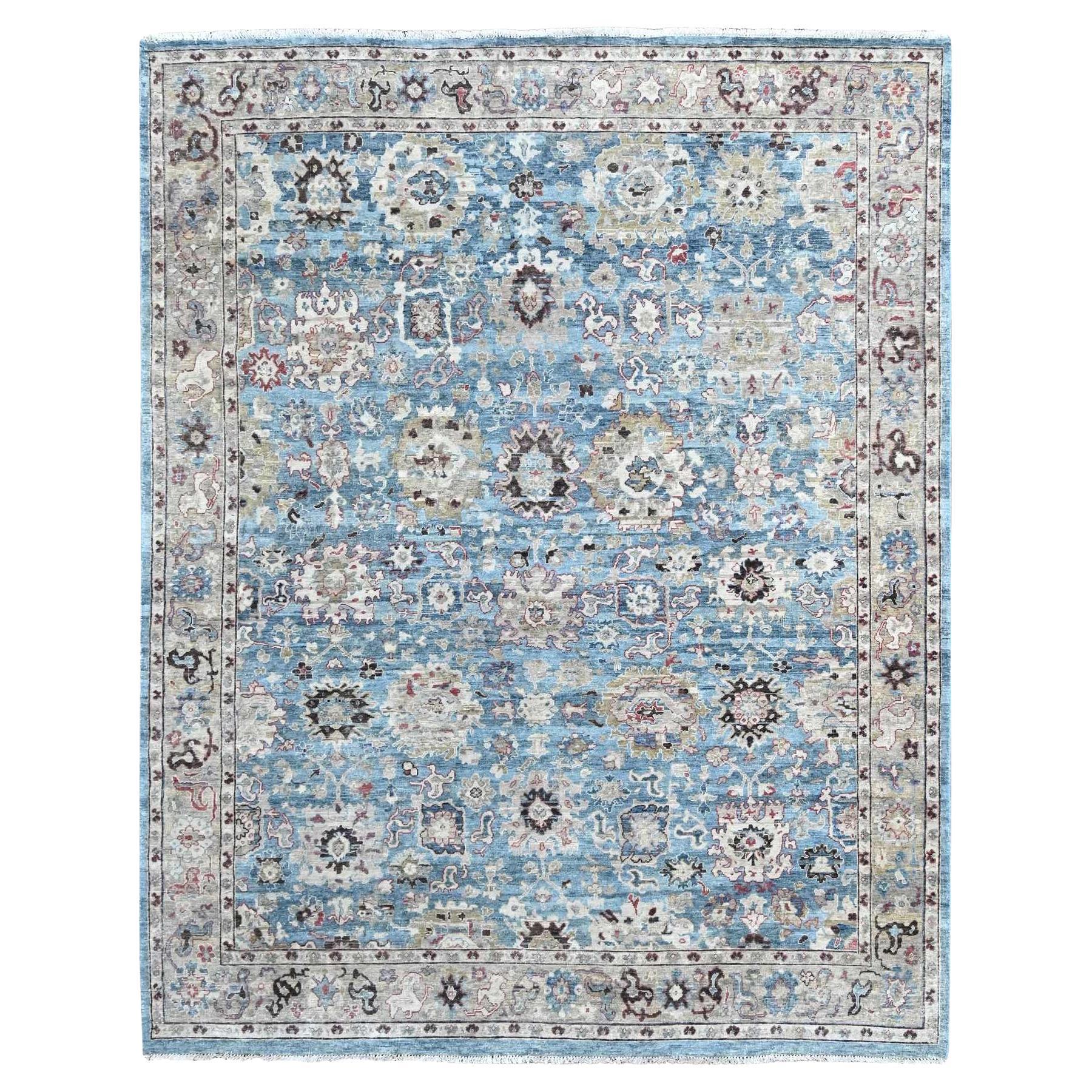 7'8"x9'8" Maya Blue Antiqued Tabriz Design Distressed Hand Knotted Wool Rug For Sale