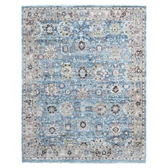 7'8"x9'8" Maya Blue Antiqued Tabriz Design Distressed Hand Knotted Wool Rug
