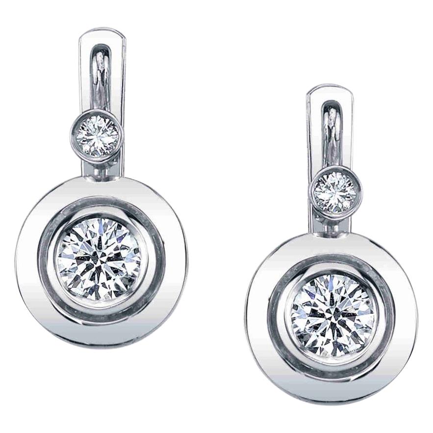.79 Carat Total Diamond White Gold Lever Back Bezel Set Drop Earrings For Sale