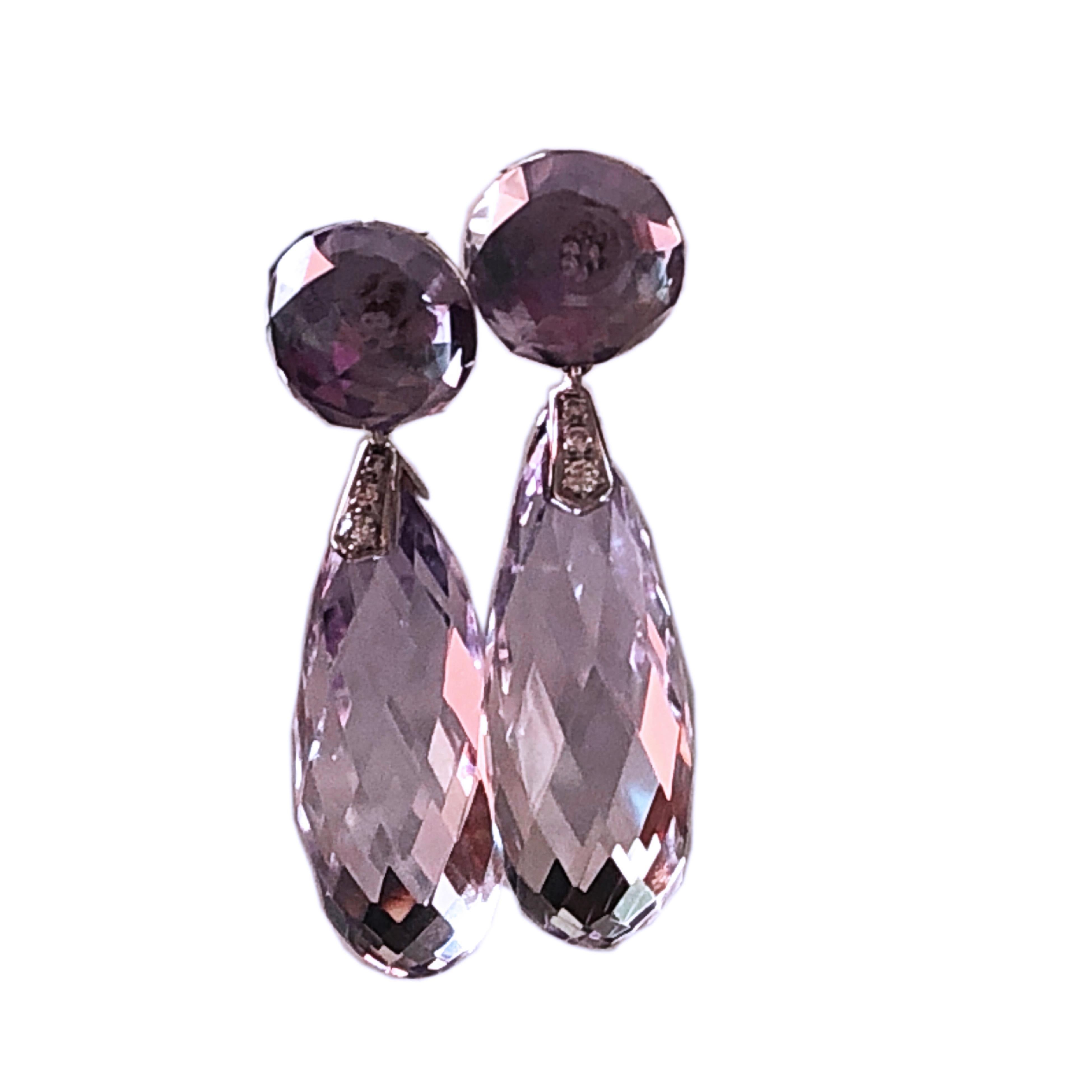 79 Carat Light Purple Amethyst 0.10 Carat White Diamond White Gold Drop Earrings In New Condition In Valenza, IT