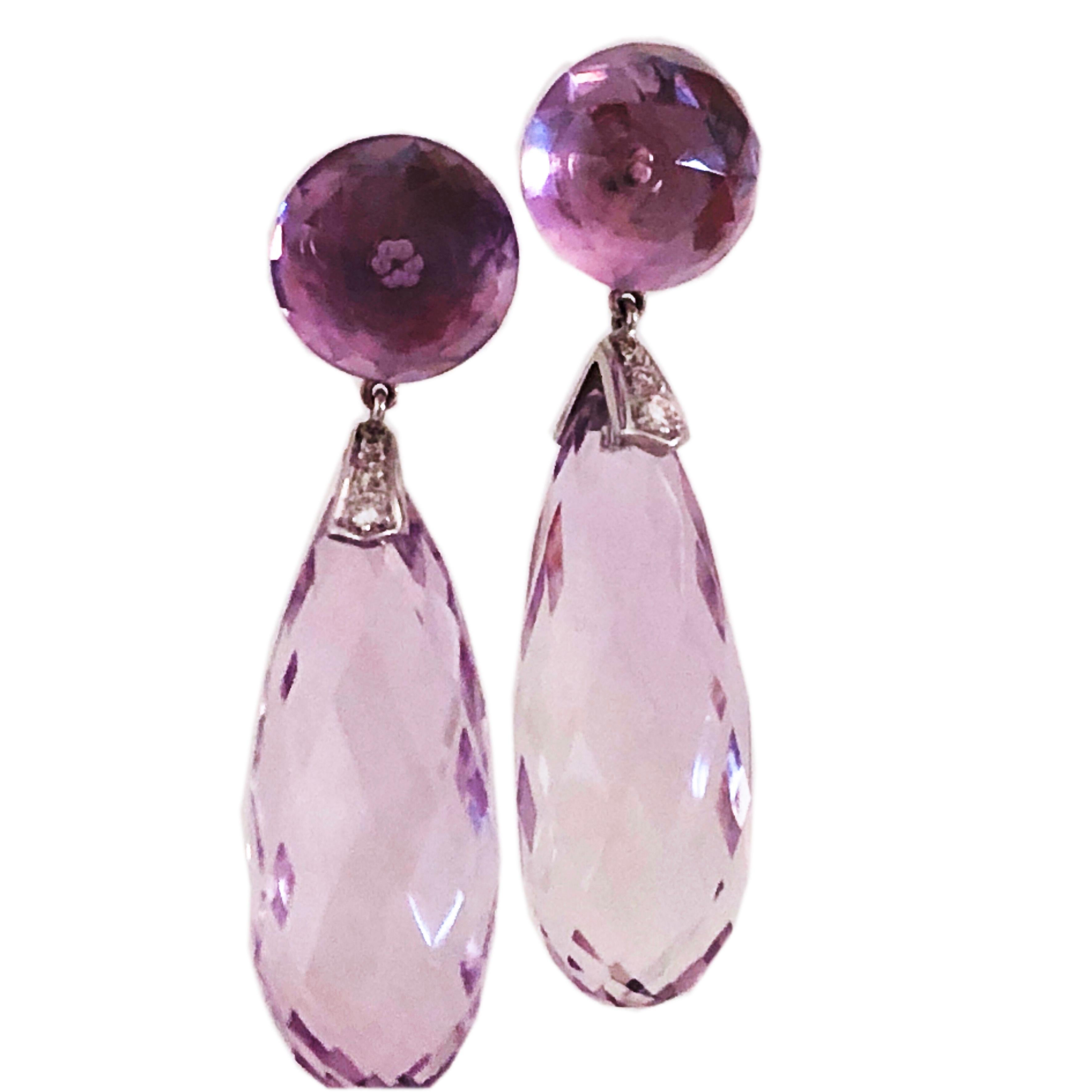 79 Carat Light Purple Amethyst 0.10 Carat White Diamond White Gold Drop Earrings 4