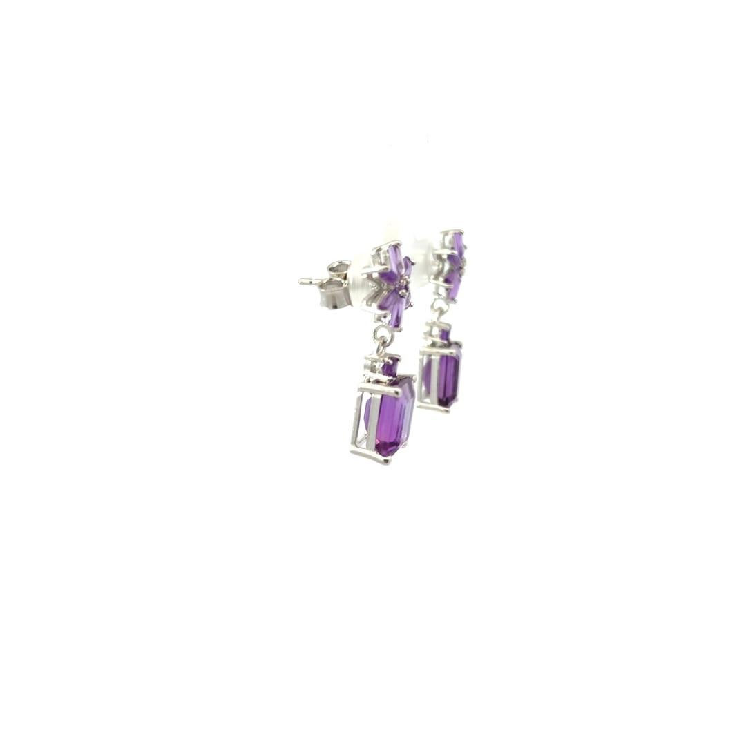 Art Nouveau 7.9 Carat Mixed Cut Amethyst Drop Sterling Silver Earrings for Mother For Sale