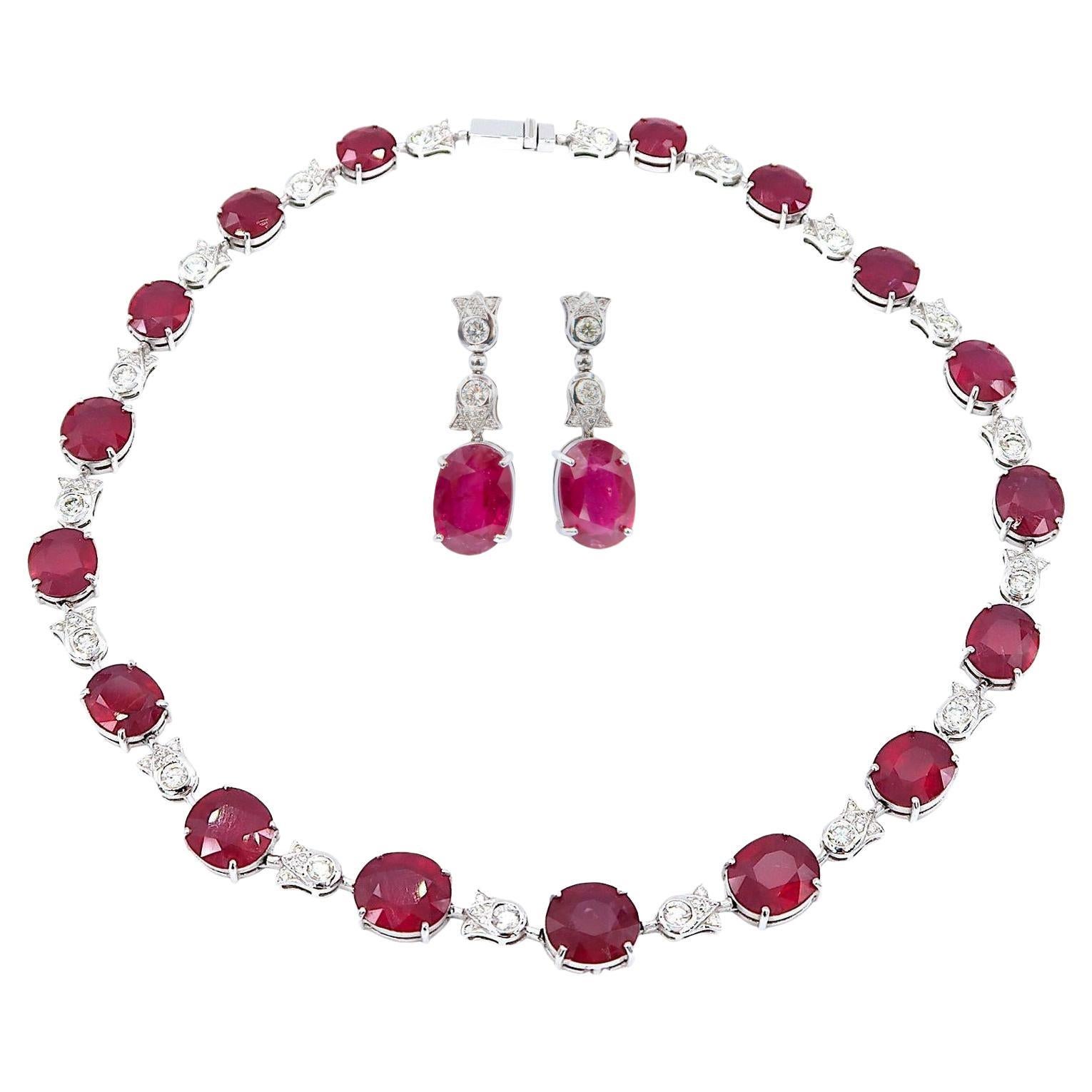 79 Carat Oval Ruby & Diamond Floral Motif White Gold Necklace & Drop Earrings For Sale