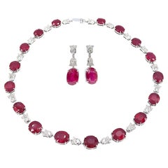 79 Carat Oval Ruby & Diamond Floral Motif White Gold Necklace & Drop Earrings
