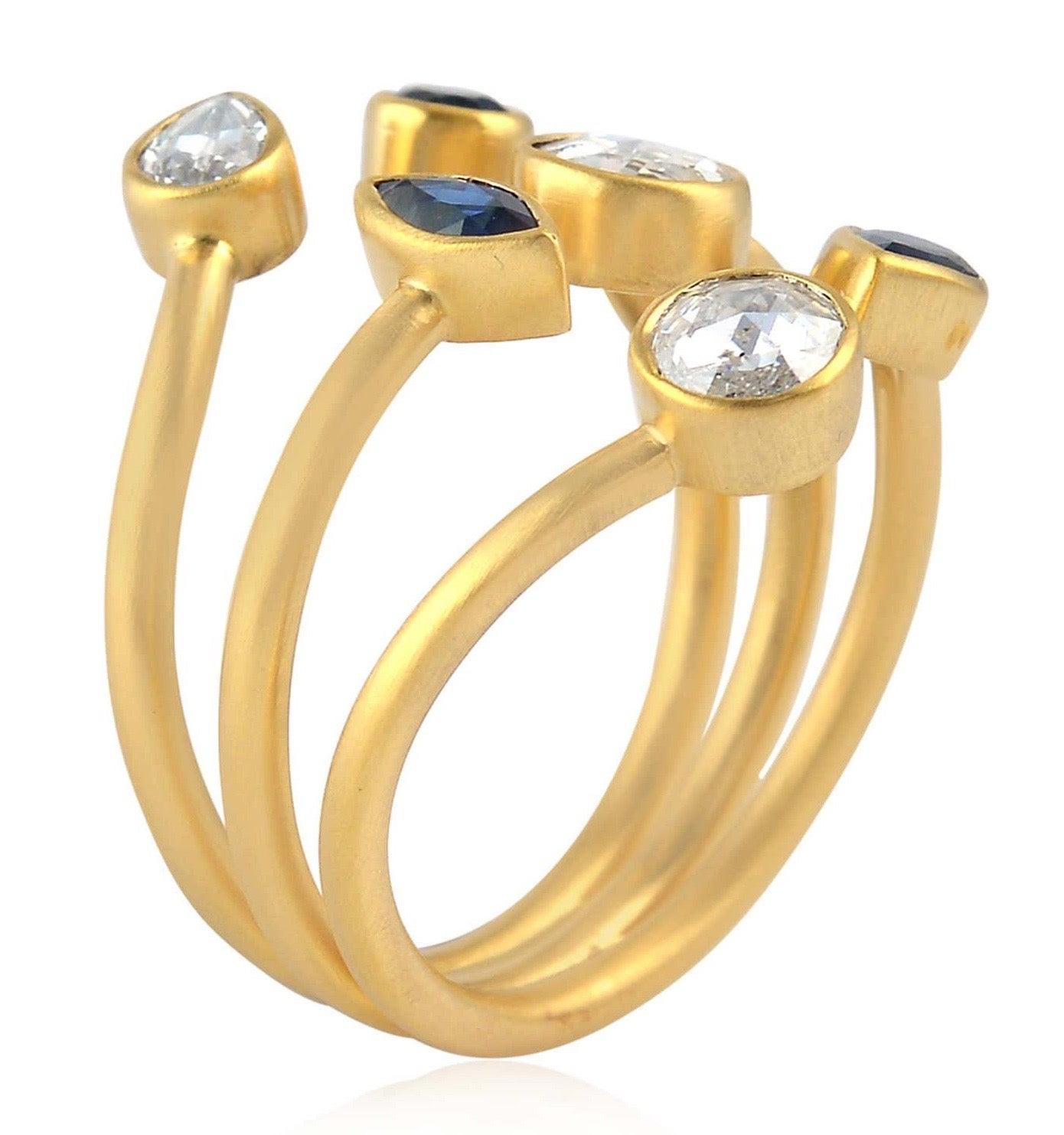 For Sale:  .79 Carat Rose Cut Diamond Sapphire 18 Karat Gold Between the Finger Ring 5