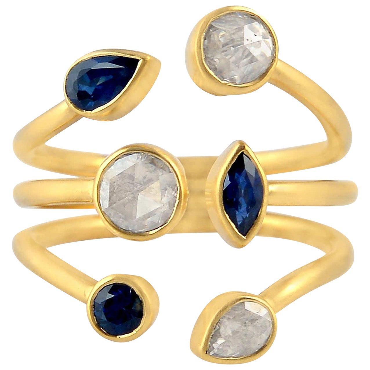 For Sale:  .79 Carat Rose Cut Diamond Sapphire 18 Karat Gold Between the Finger Ring