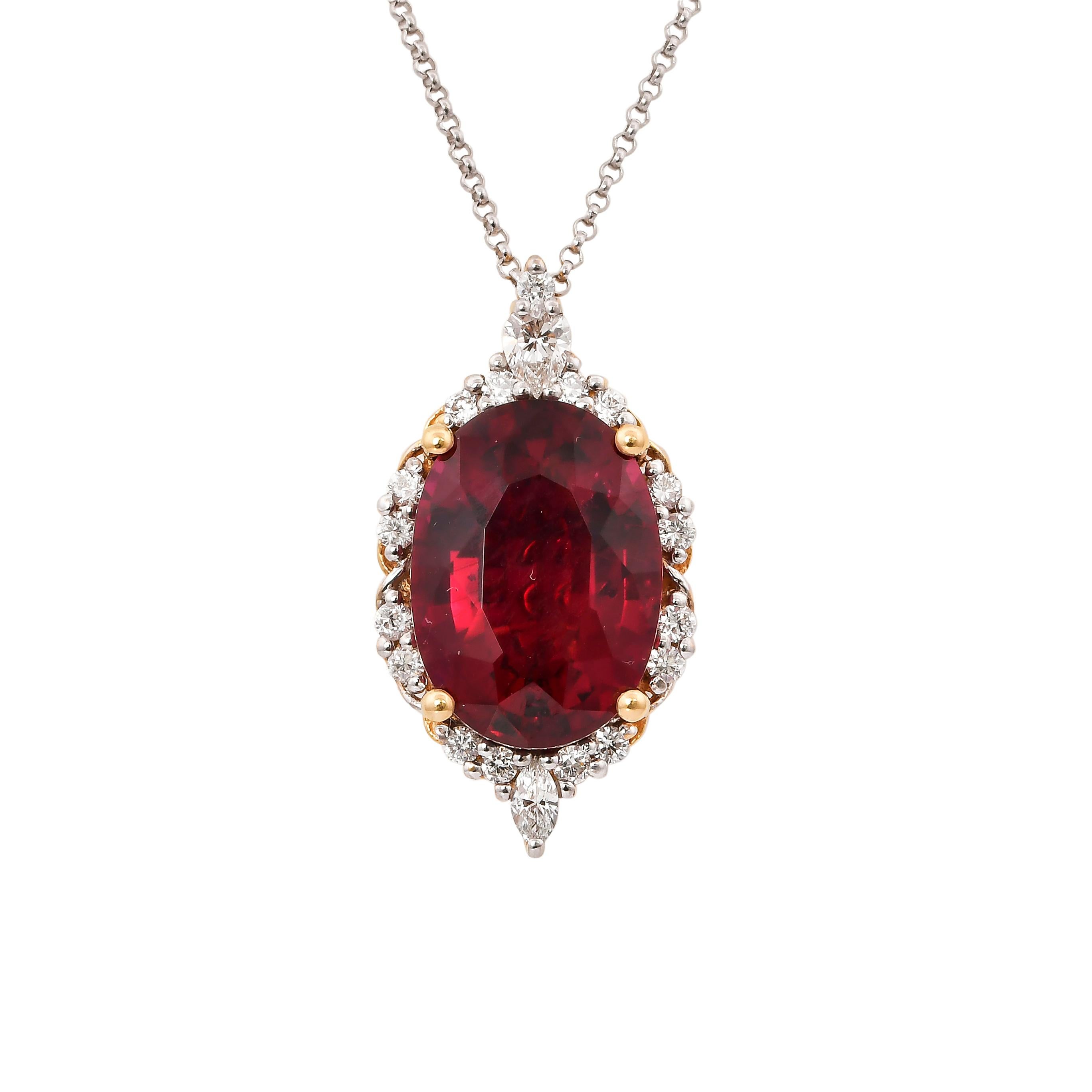 This collection features the most radiant Rubellite tourmalines. These gemstones show a magnificent and regal deep red colour, and the yellow gold and diamond accents makes these pieces a true showstopper. 

Classic Rubellite tourmaline pendant in