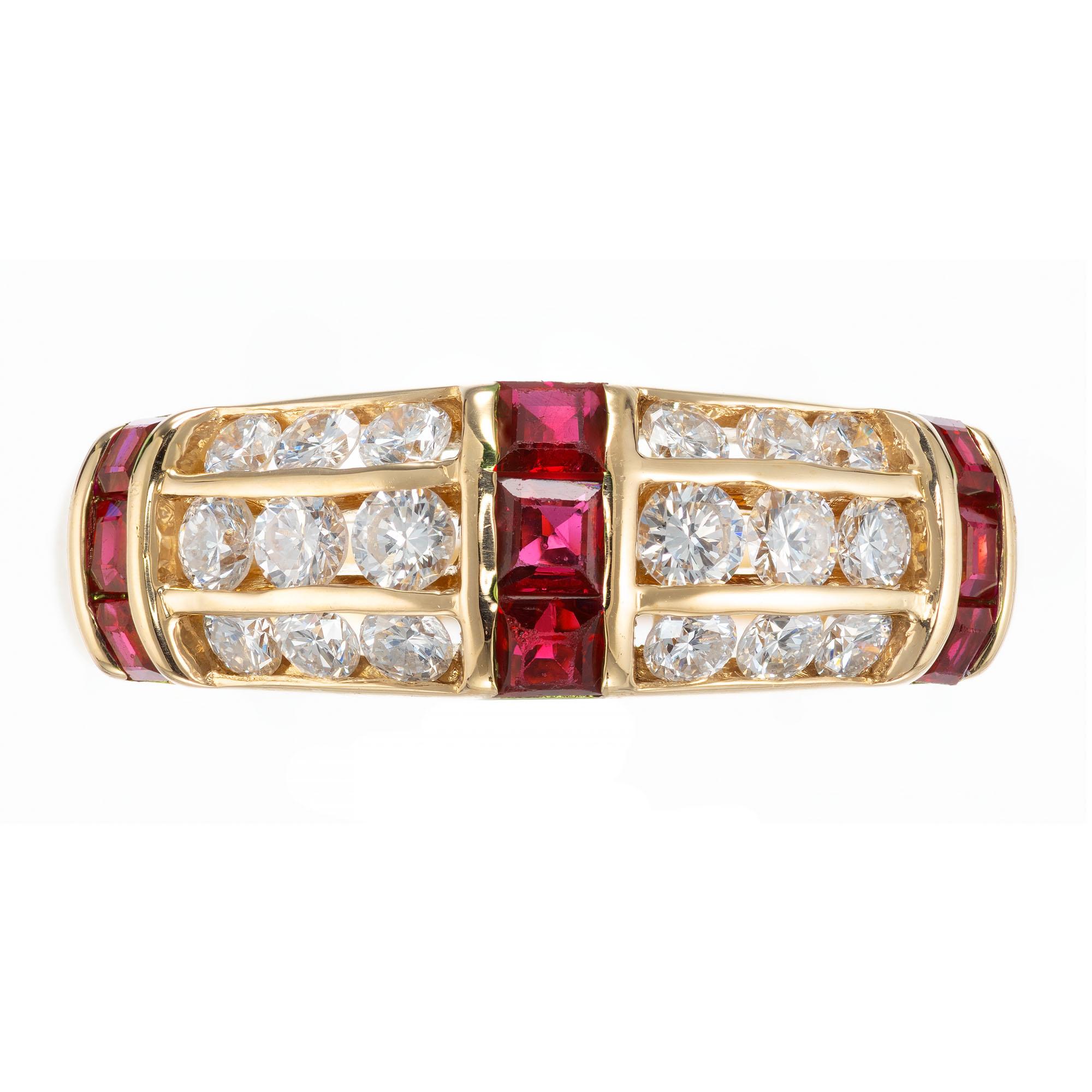 Square step cut rubies and full cut round diamond three row band in 18k yellow gold.

18 round brilliant cut diamonds, G-H VS approx. .54cts
9 step cut red rubies, approx. .25cts
Size 6.5 and sizable 
18k yellow gold
Stamped: 750
4.3 grams
Width at