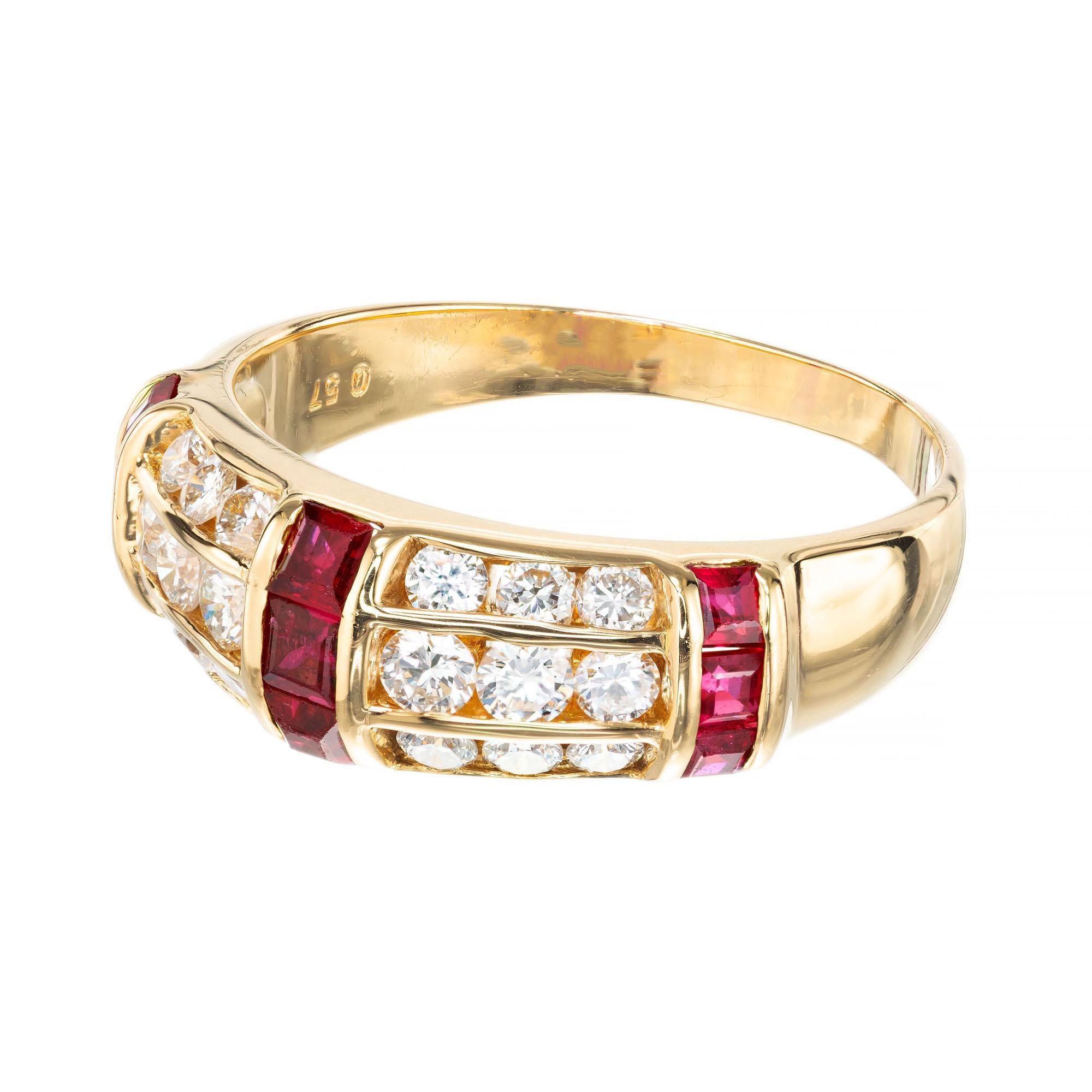Round Cut .79 Carat Ruby Diamond Yellow Gold Three-Row Band Ring