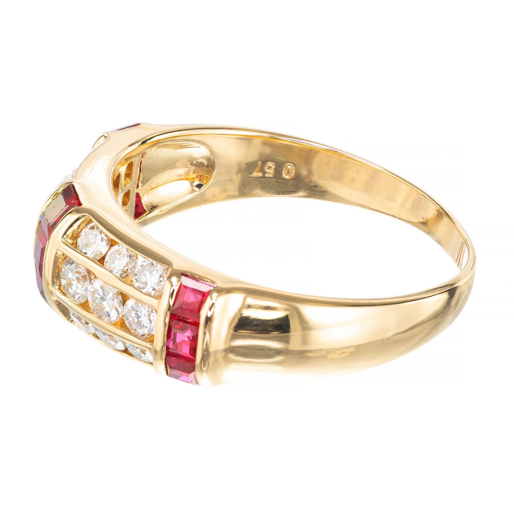.79 Carat Ruby Diamond Yellow Gold Three-Row Band Ring In Excellent Condition In Stamford, CT