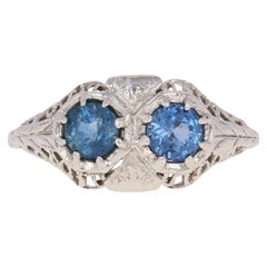 .79 Carat Sapphire Art Deco Ring, 18 Karat White Gold Two-Stone Antique