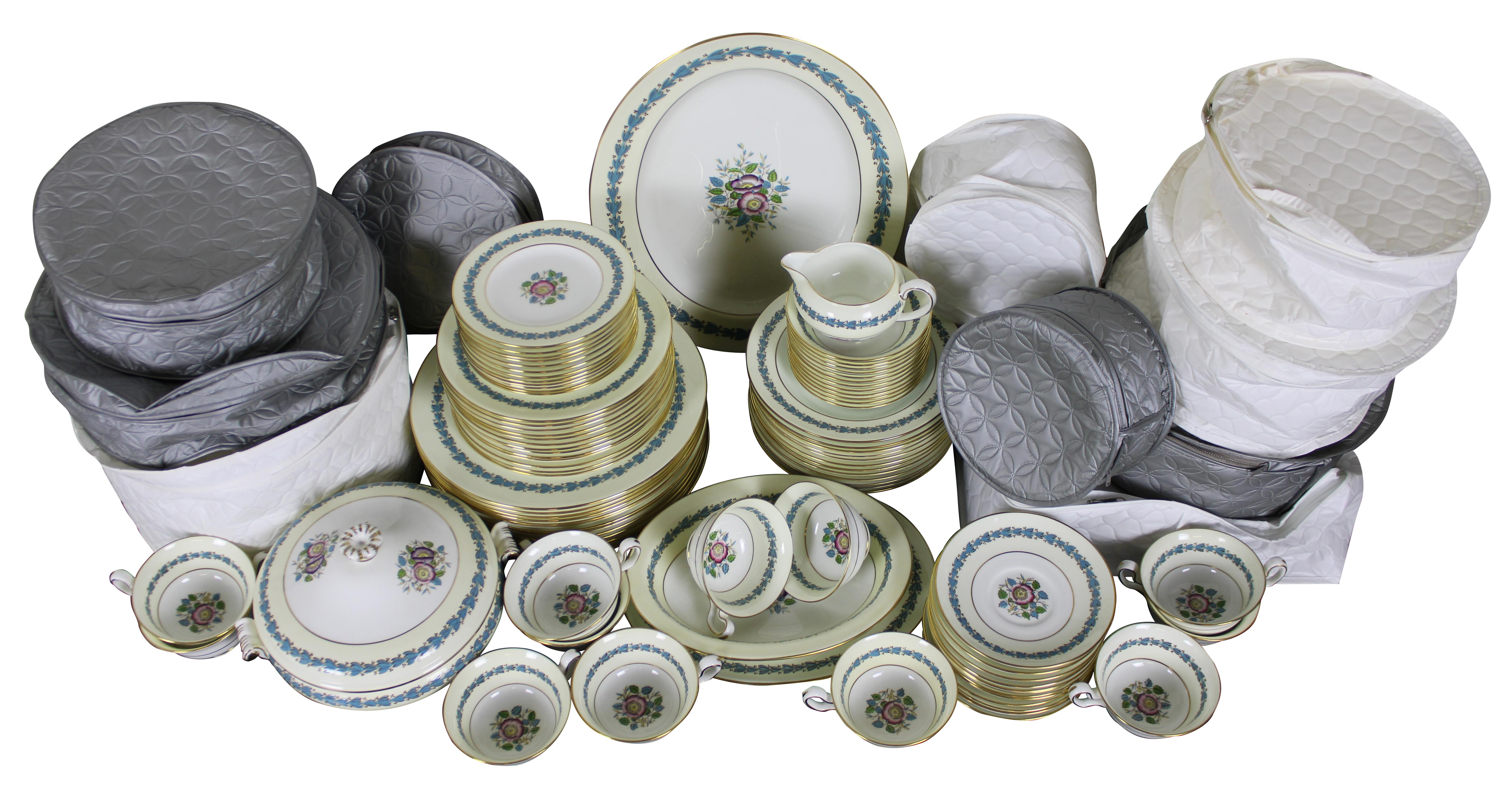 Vintage 79 piece Wedgwood bone china dinnerware set in the raised enamel edge and floral center Westland pattern, plus two pieces in the Appledore pattern.

Vegetable dish - 9.75” x 7.5” x 1.75” / small platter - 11” x 8.5” / large platter -