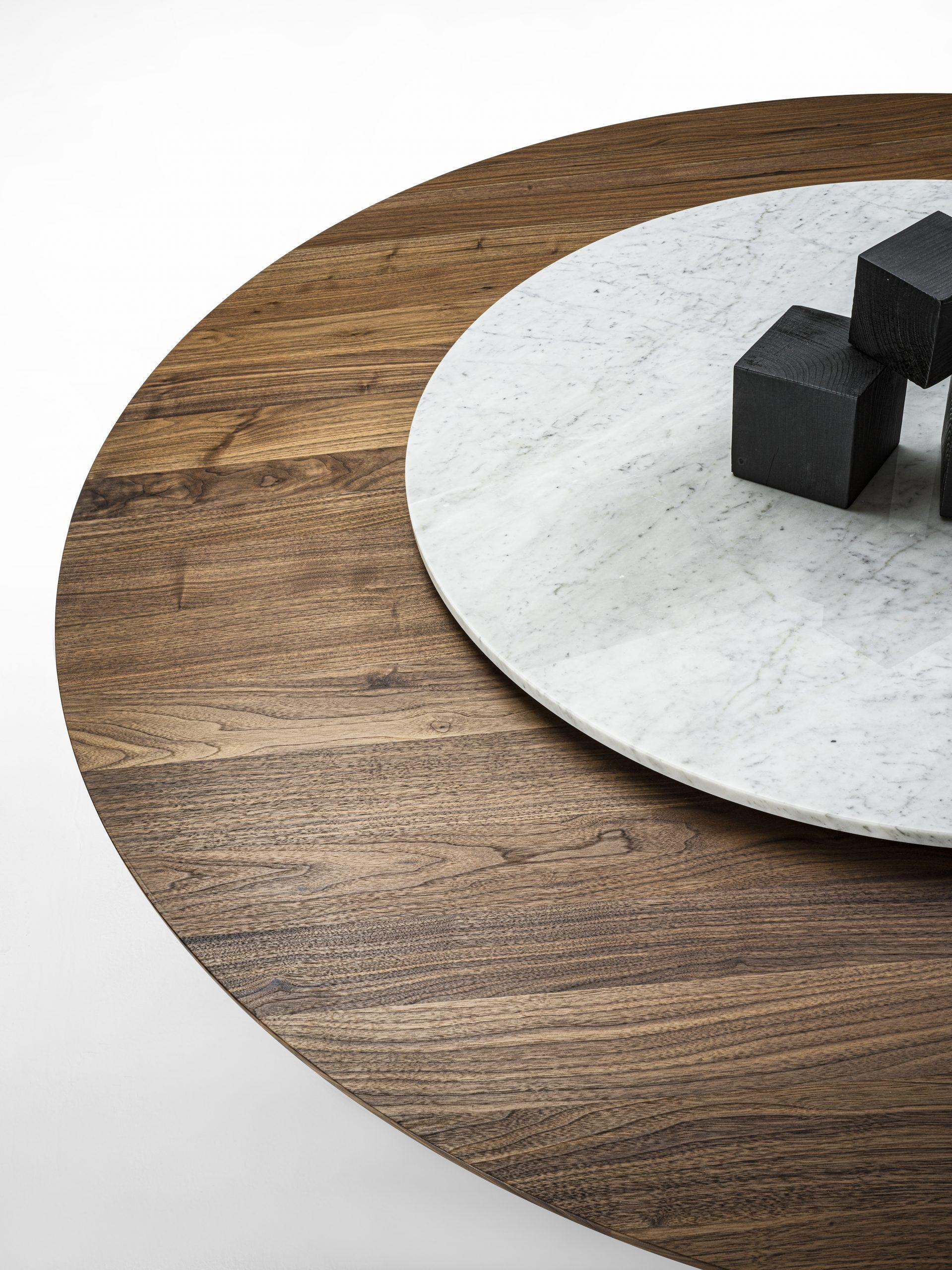 Modern Round Solid Walnut Table with Calacatta Marble Lazy Susan For Sale