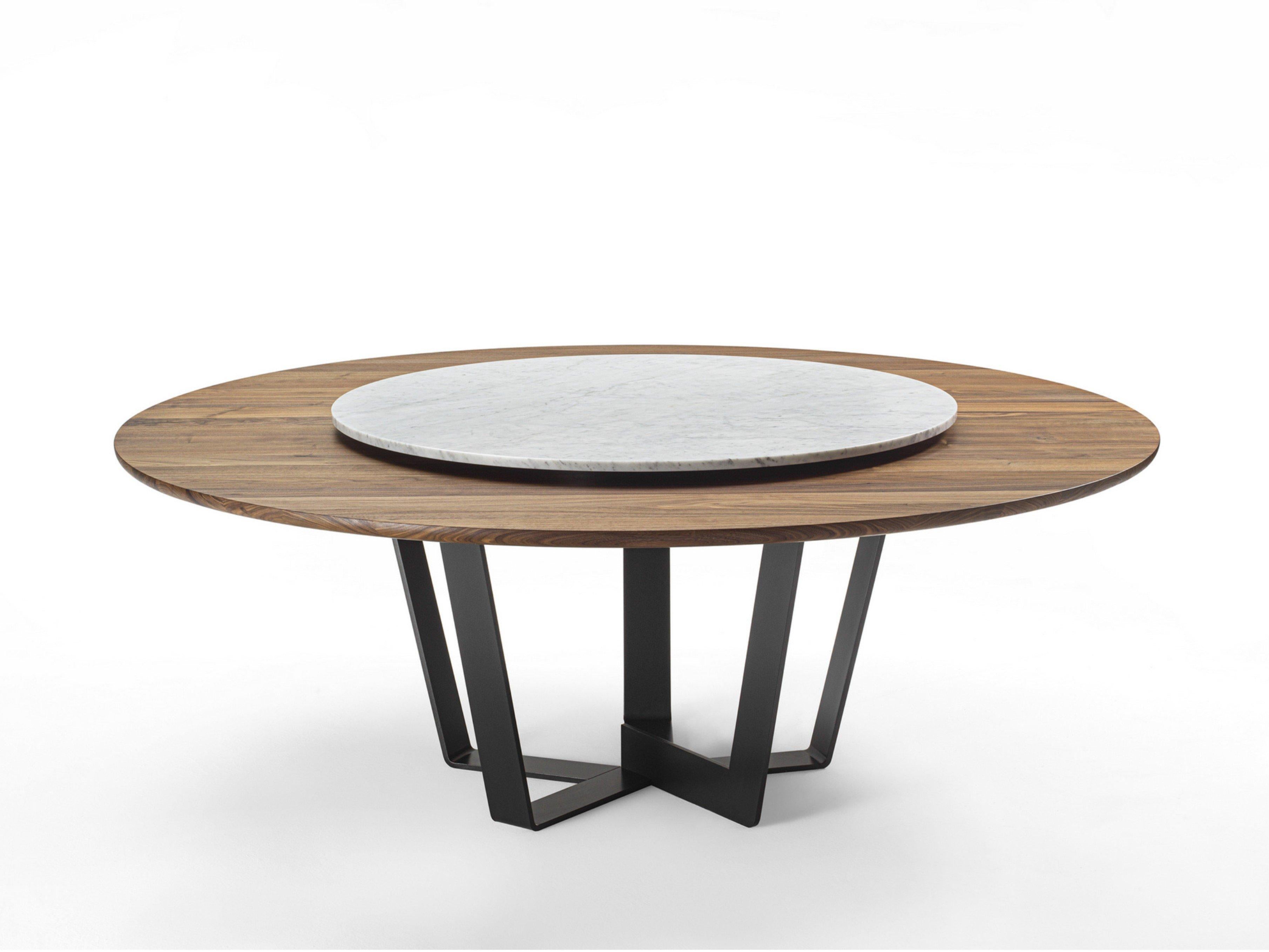 Round Solid Walnut Table with Calacatta Marble Lazy Susan For Sale 1