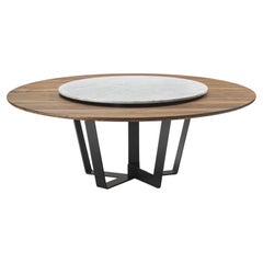 Round Solid Walnut Table with Calacatta Marble Lazy Susan