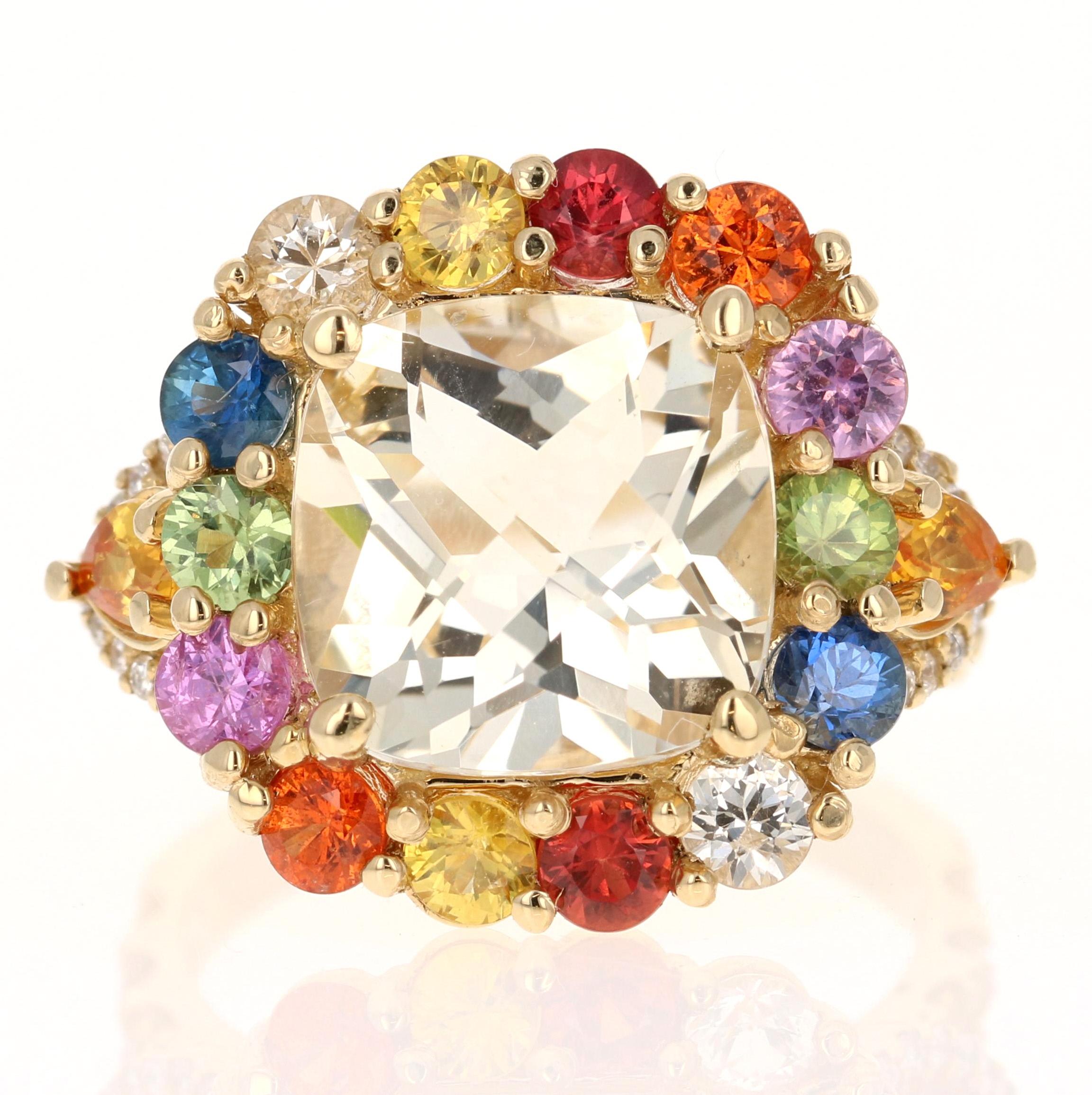 7.90 Carat Citrine Multi-Color Sapphire Diamond Yellow Gold Cocktail Ring

This gorgeous ring has a beautiful Cushion Cut Champagne Citrine Quartz weighing 4.73 Carats and is surrounded by 14 Multi-Color Sapphires weighing 2.20 Carats and 26 Round