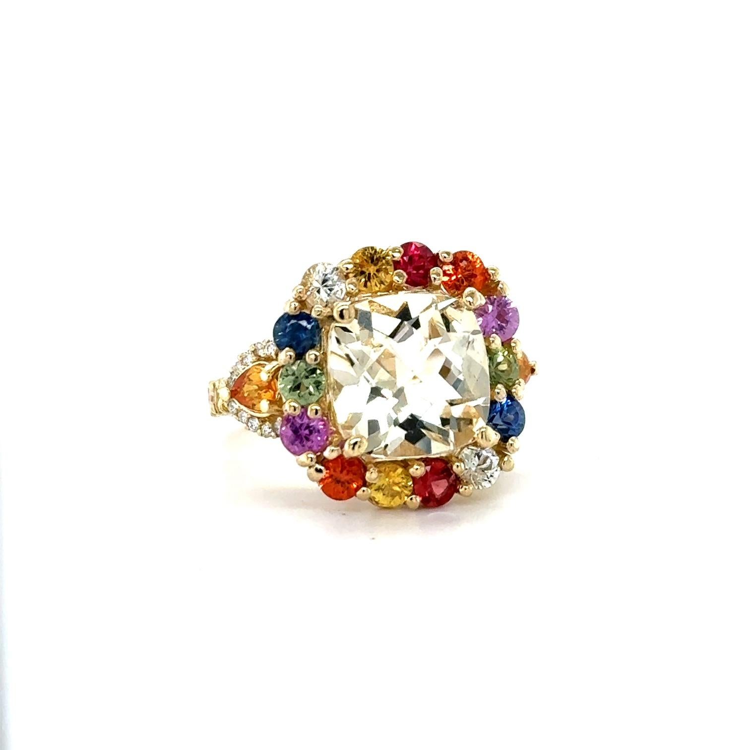 Contemporary 7.90 Carat Citrine Multi-Color Sapphire Diamond Yellow Gold Cocktail Ring For Sale