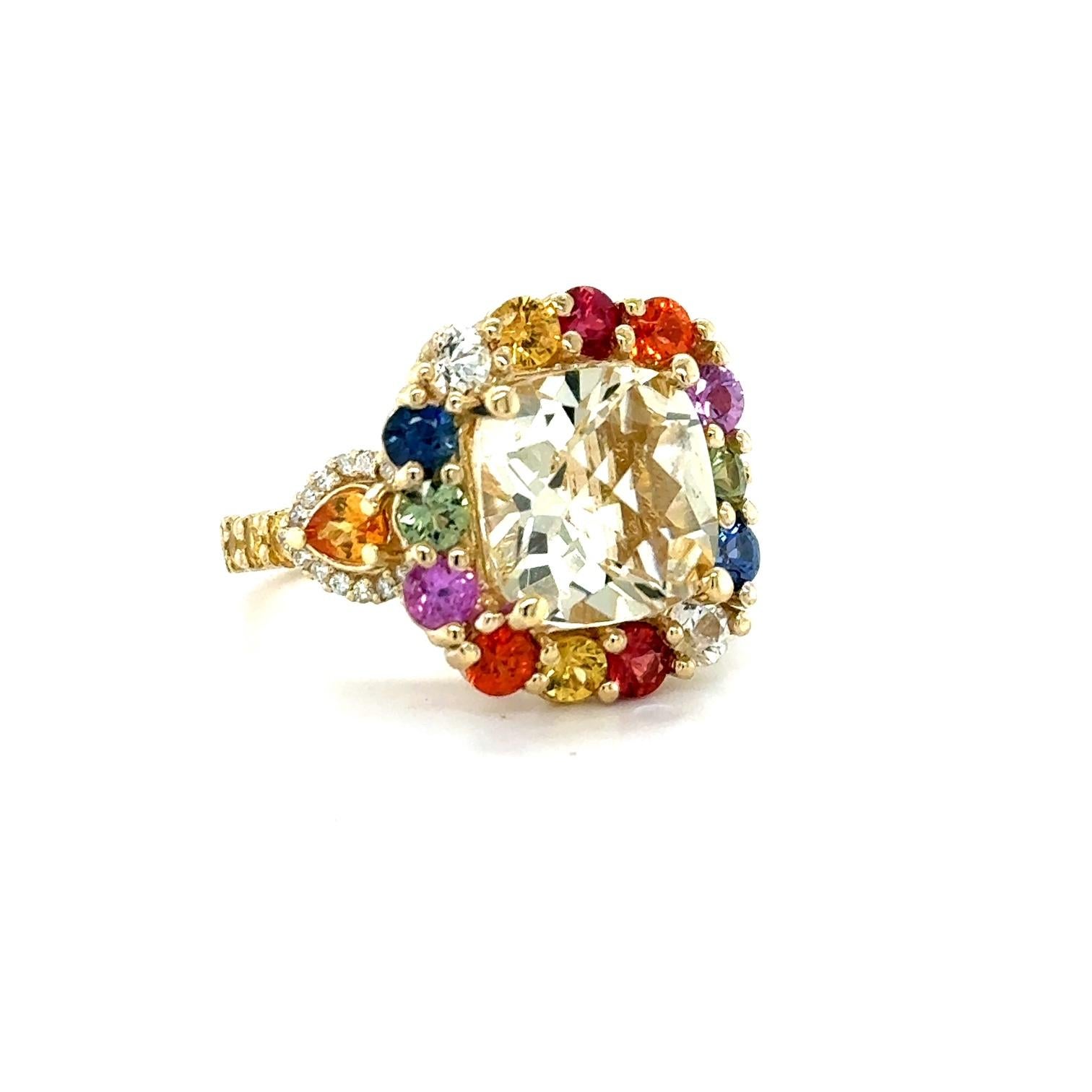 Cushion Cut 7.90 Carat Citrine Multi-Color Sapphire Diamond Yellow Gold Cocktail Ring For Sale