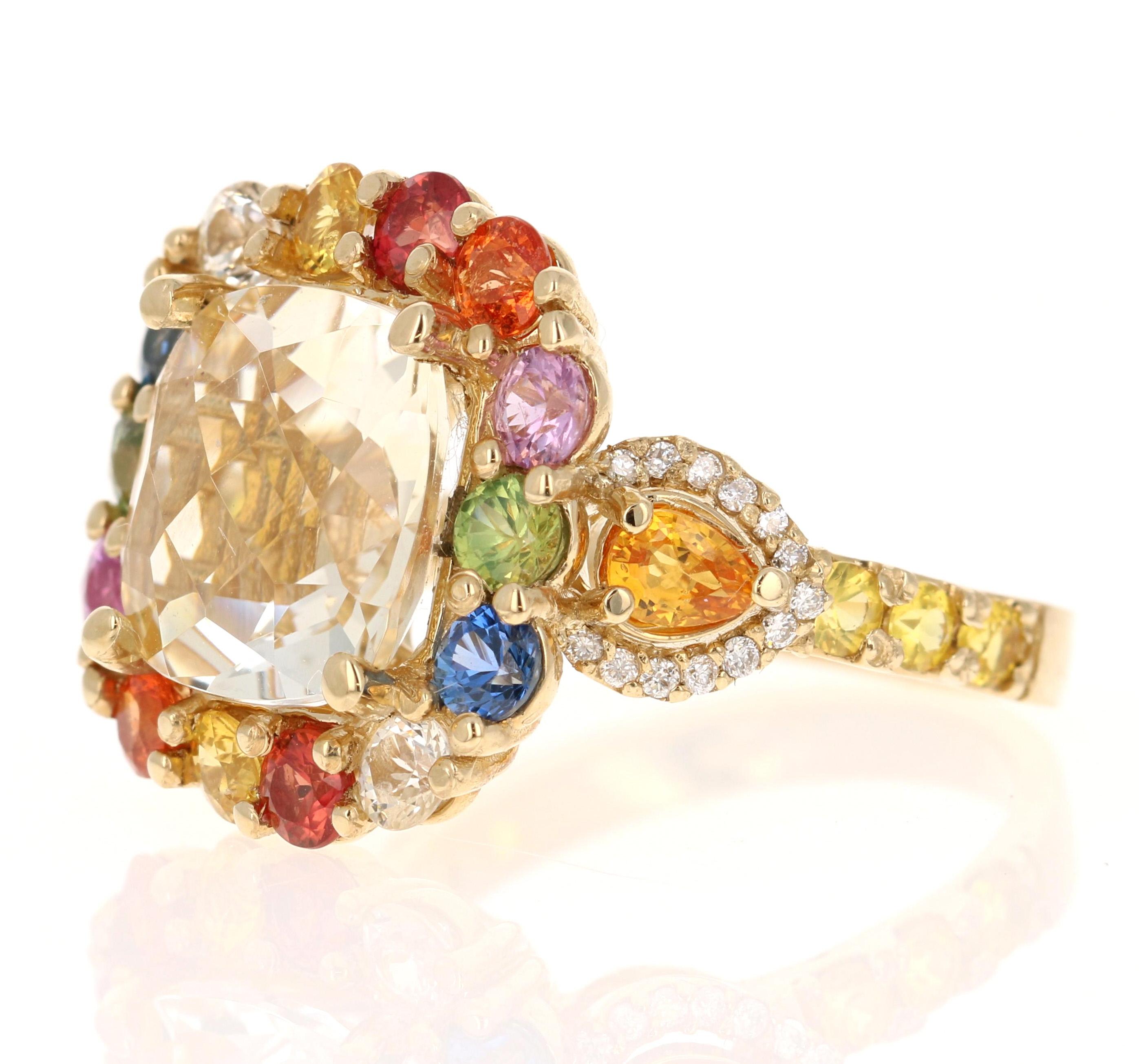 Contemporary 7.90 Carat Citrine Multi-Color Sapphire Diamond Yellow Gold Cocktail Ring For Sale