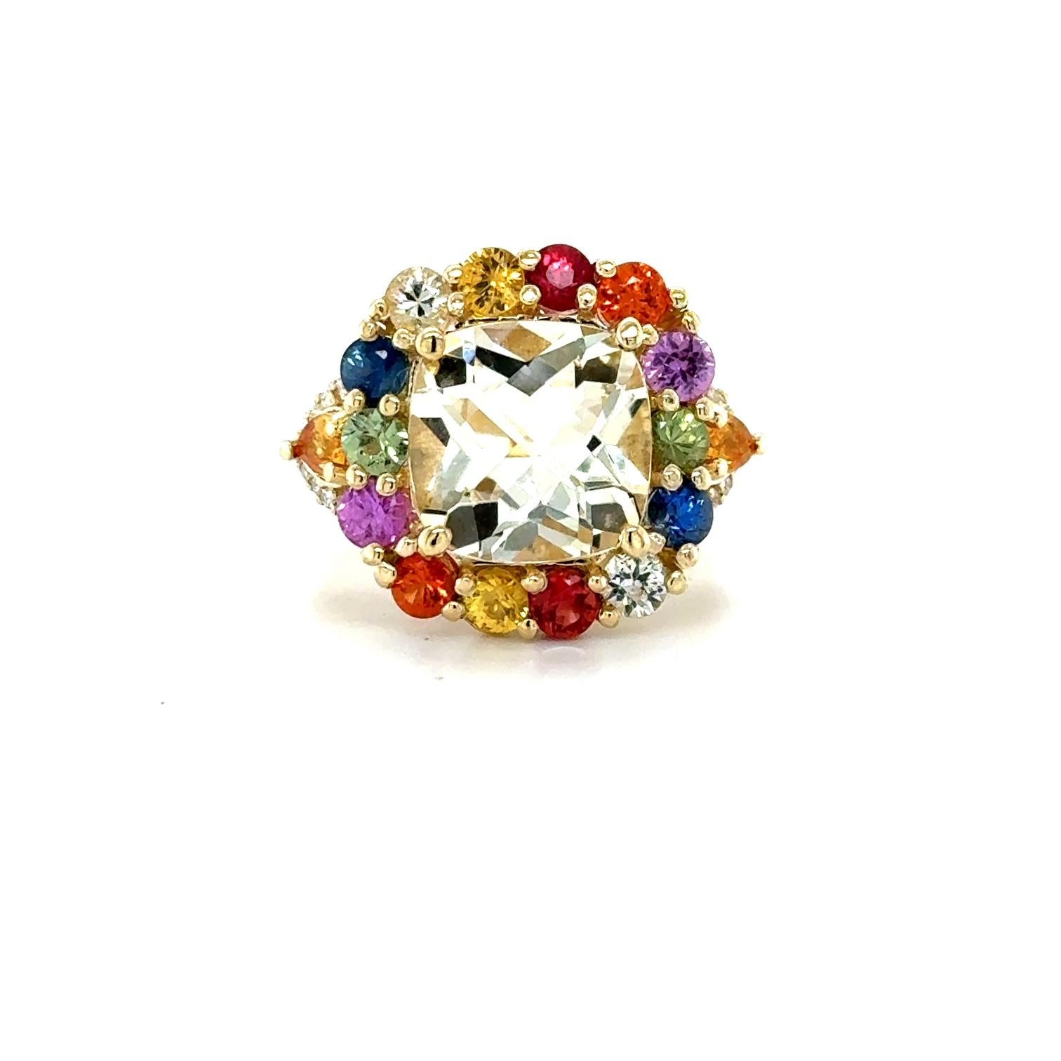 7.90 Carat Citrine Multi-Color Sapphire Diamond Yellow Gold Cocktail Ring In New Condition For Sale In Los Angeles, CA