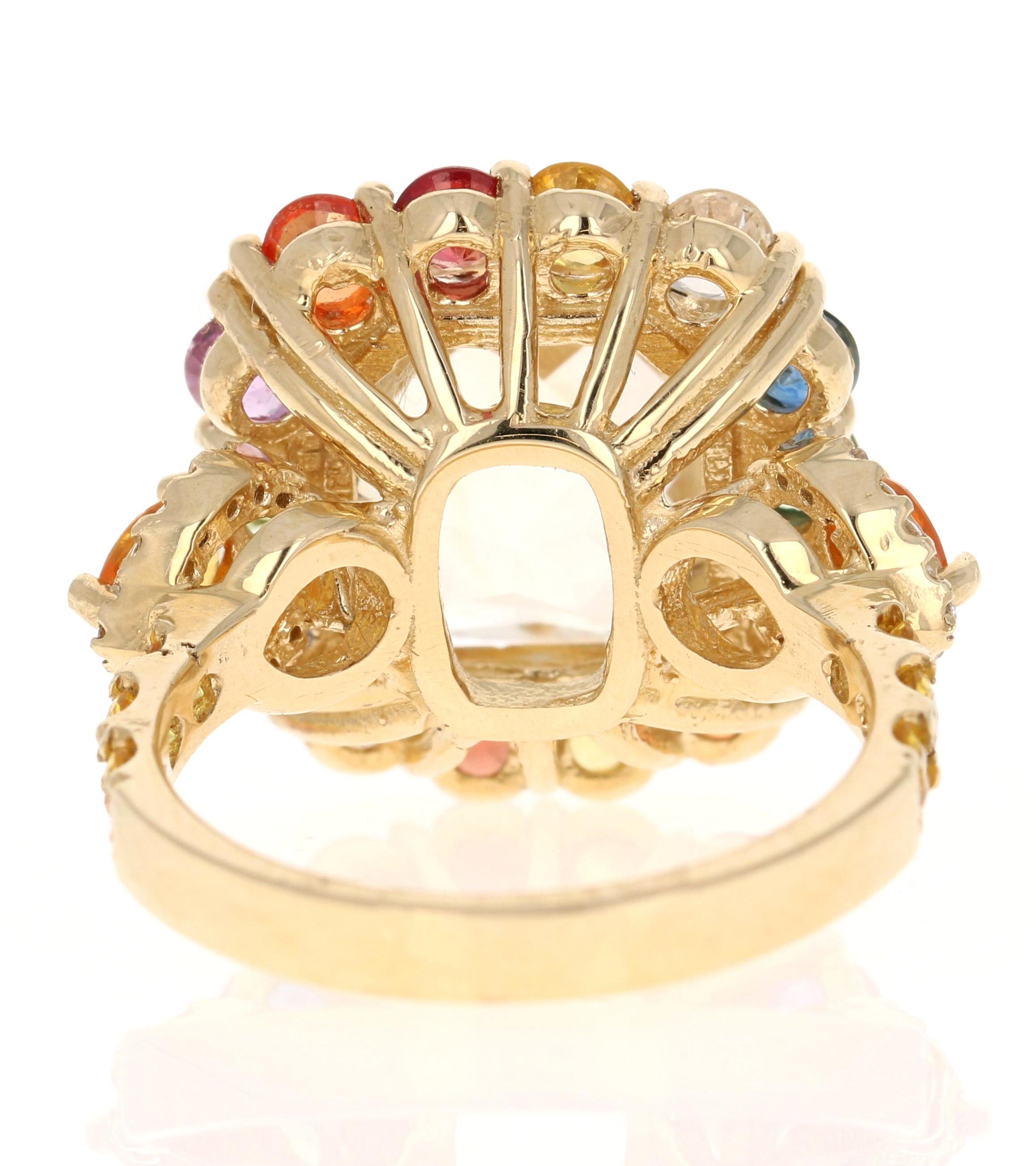 Cushion Cut 7.90 Carat Citrine Multi-Color Sapphire Diamond Yellow Gold Cocktail Ring For Sale