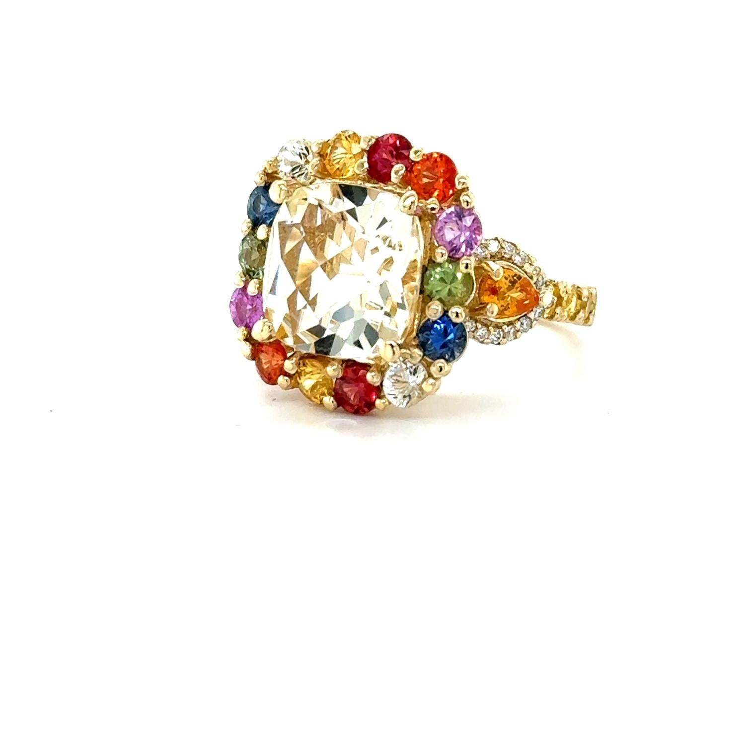 Women's 7.90 Carat Citrine Multi-Color Sapphire Diamond Yellow Gold Cocktail Ring For Sale