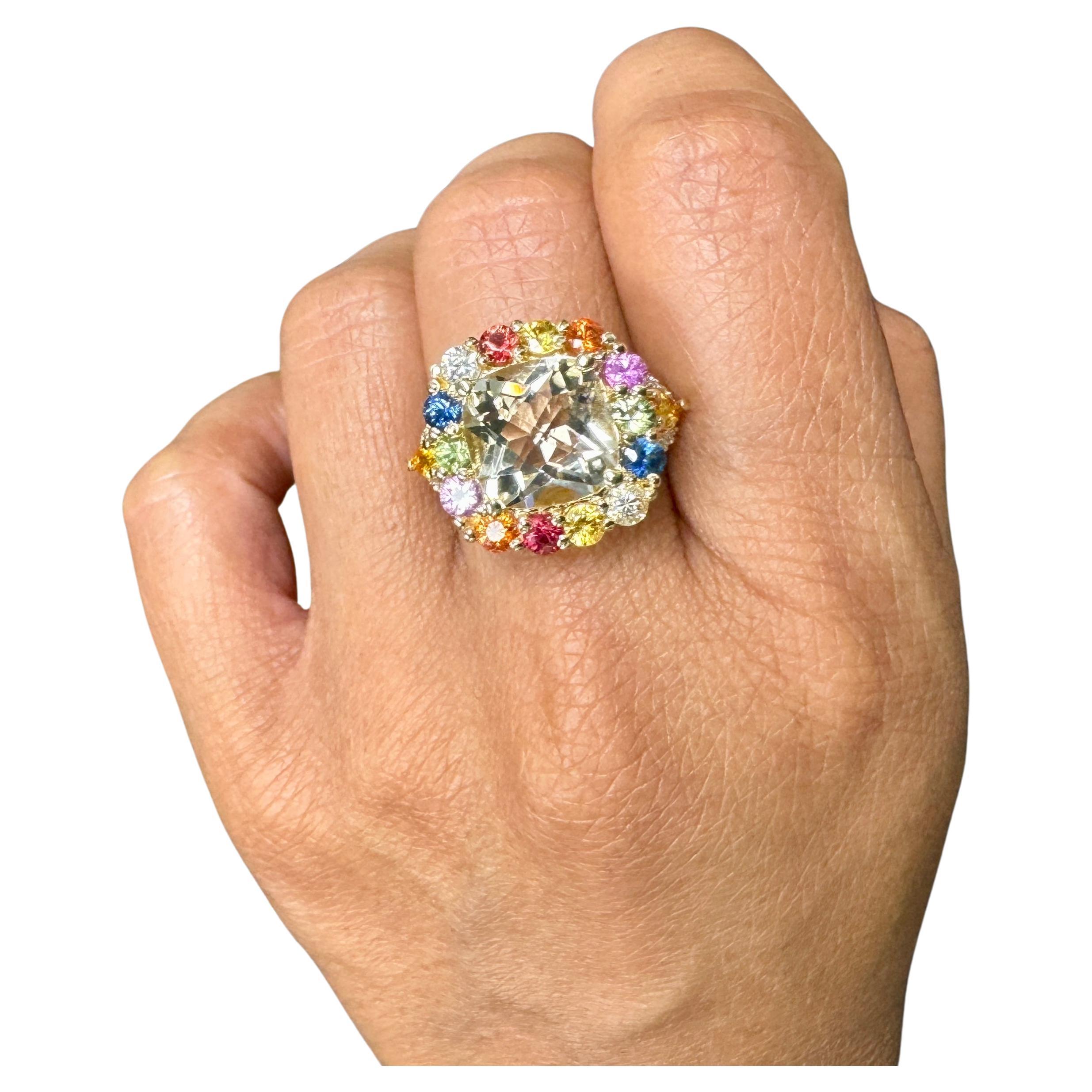 7.90 Carat Citrine Multi-Color Sapphire Diamond Yellow Gold Cocktail Ring For Sale 1