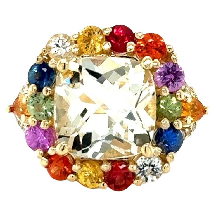7.90 Carat Citrine Multi-Color Sapphire Diamond Yellow Gold Cocktail Ring For Sale