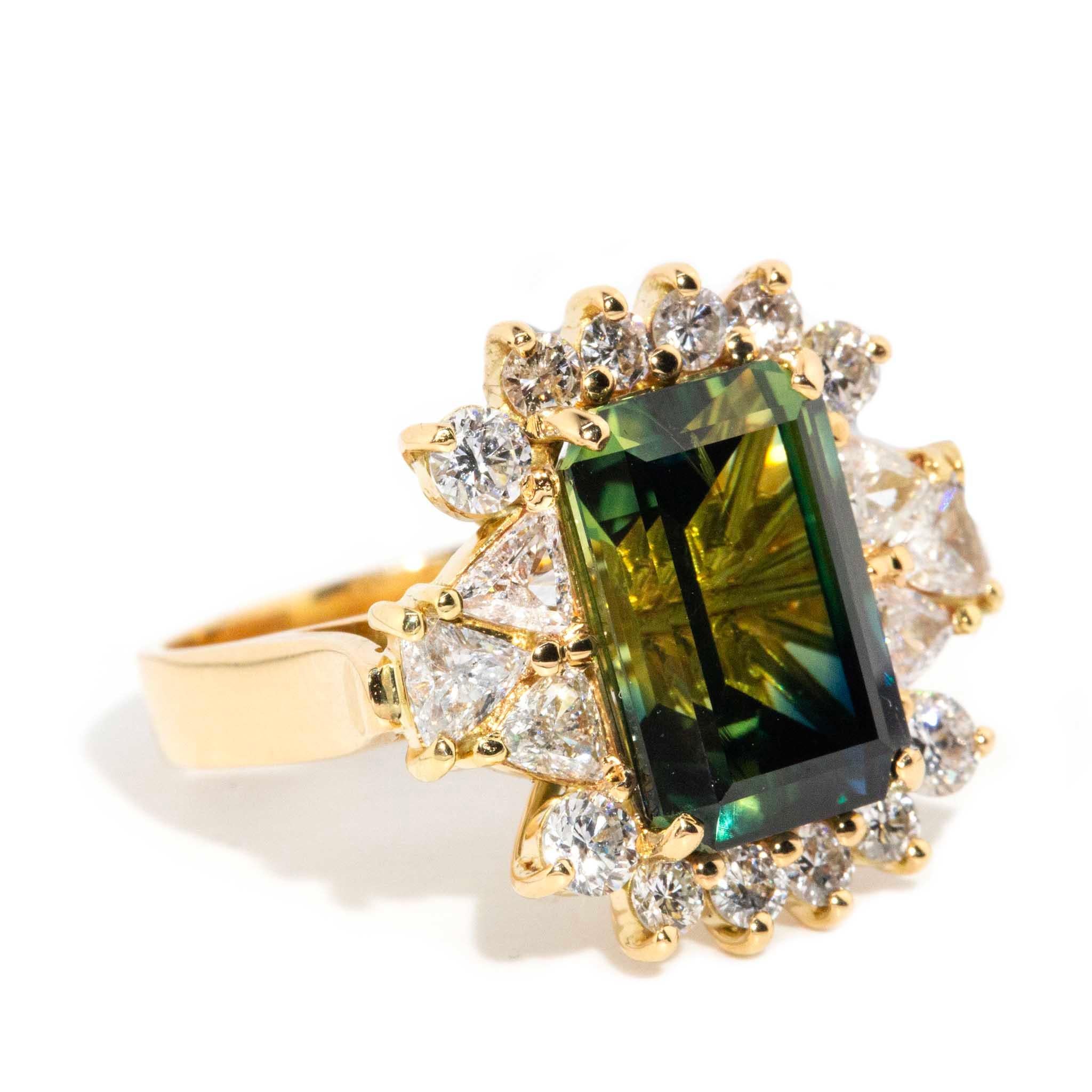 Modern 7.90 Carat Emerald Cut Parti Sapphire & Diamond Ring 18 Carat Yellow Gold For Sale