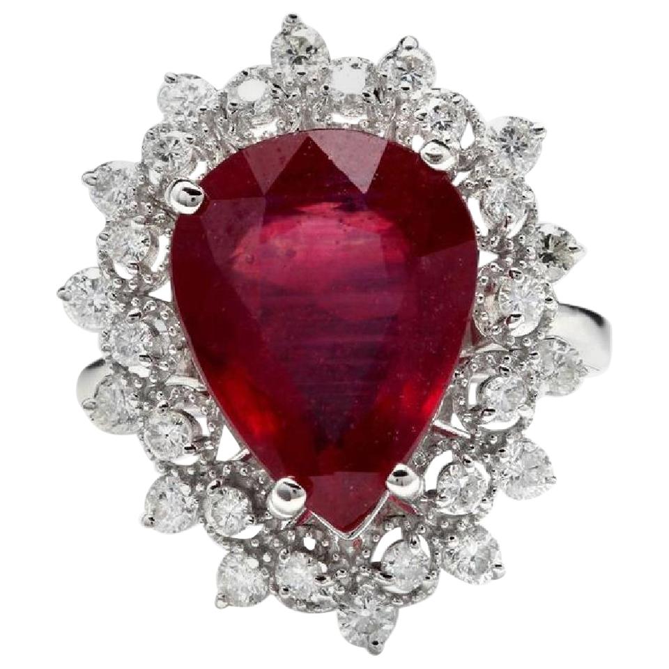 7,90 Karat beeindruckender Ring mit natürlichem rotem Rubin und Diamant aus 14 Karat Weißgold im Angebot
