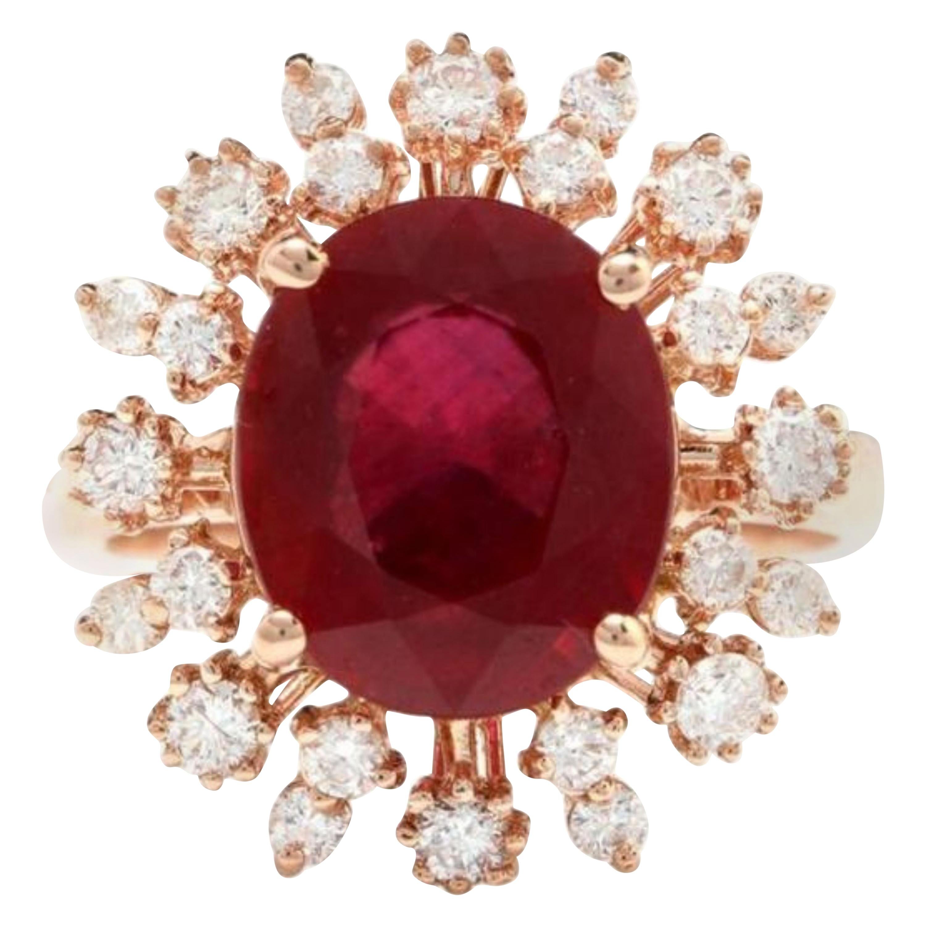 7.90 Carat Impressive Red Ruby and Natural Diamond 14 Karat Rose Gold Ring For Sale