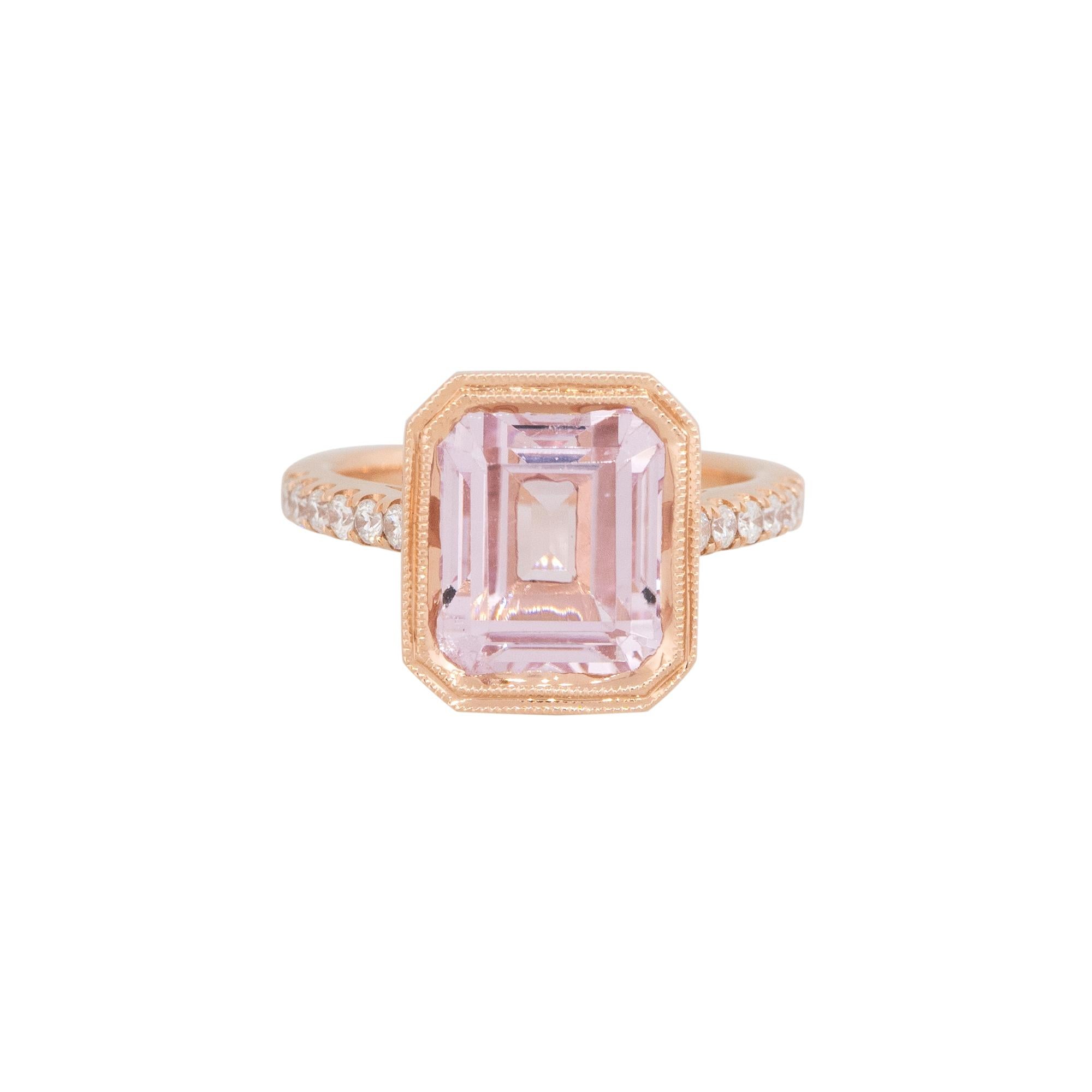 18k Rose Gold 7.90ct Kunzite & 0.27ct Diamond Ring

Product: Kunzite & Diamond Ring
Material: 18k Rose Gold
Gemstone/ Diamond Details: The main stone is a bezel set, Kunzite, weighing approximately 7.90 carats. There are approximately 0.27 carats of