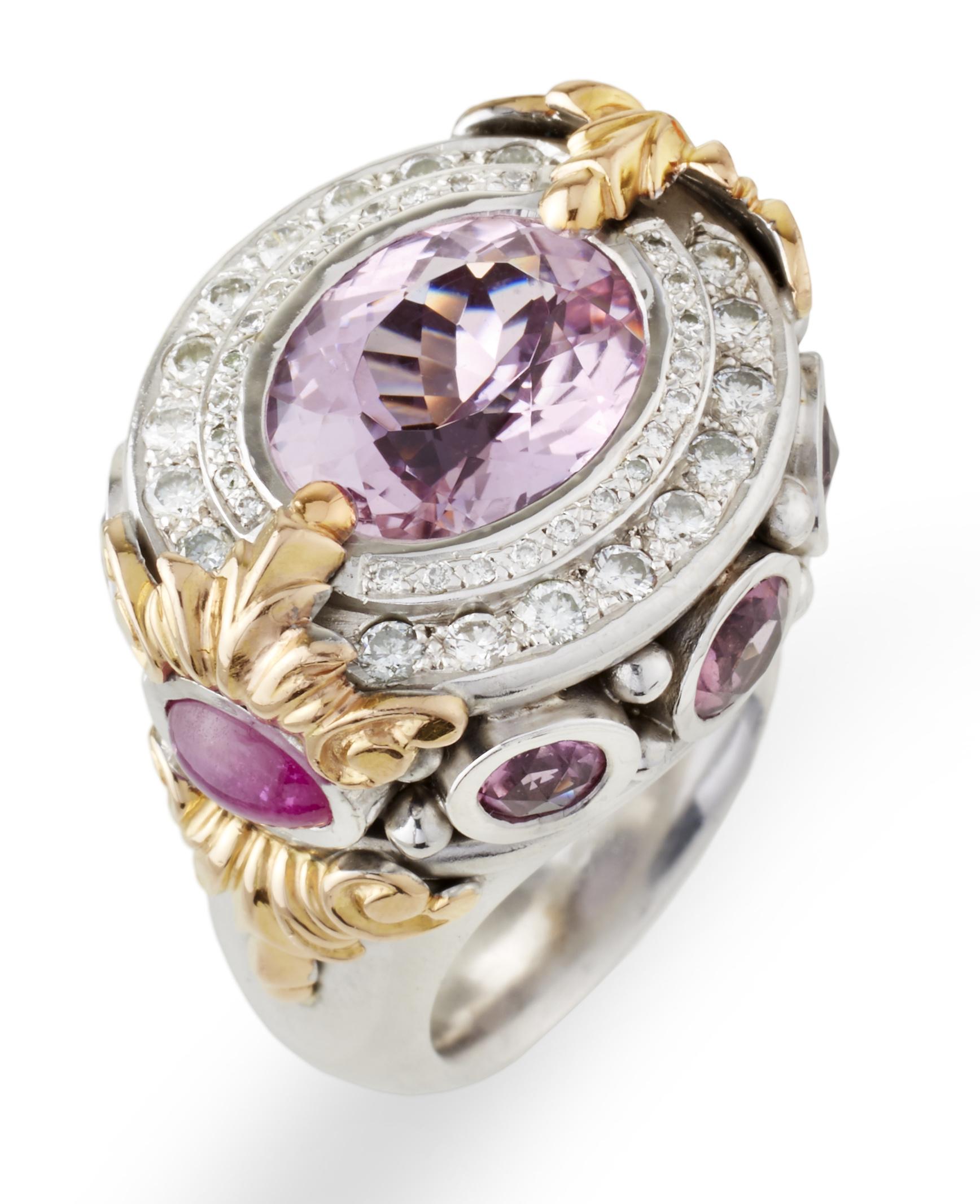 7.90 Carat Kunzite Ring with 2.53 Carat Spinel and .80 Carat Diamonds For Sale