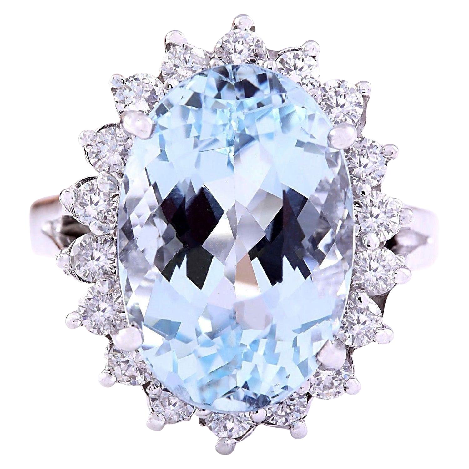 Natural Aquamarine Diamond Ring in 14 Karat Solid White Gold  For Sale
