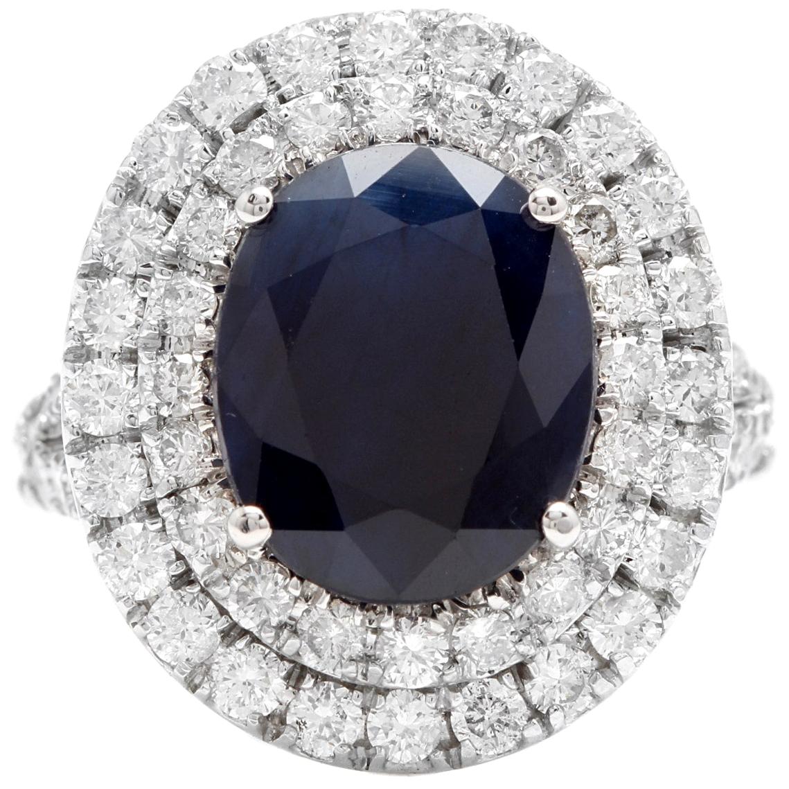 7.90 Carat Natural Blue Sapphire and Diamond 14 Karat Solid White Gold Ring For Sale