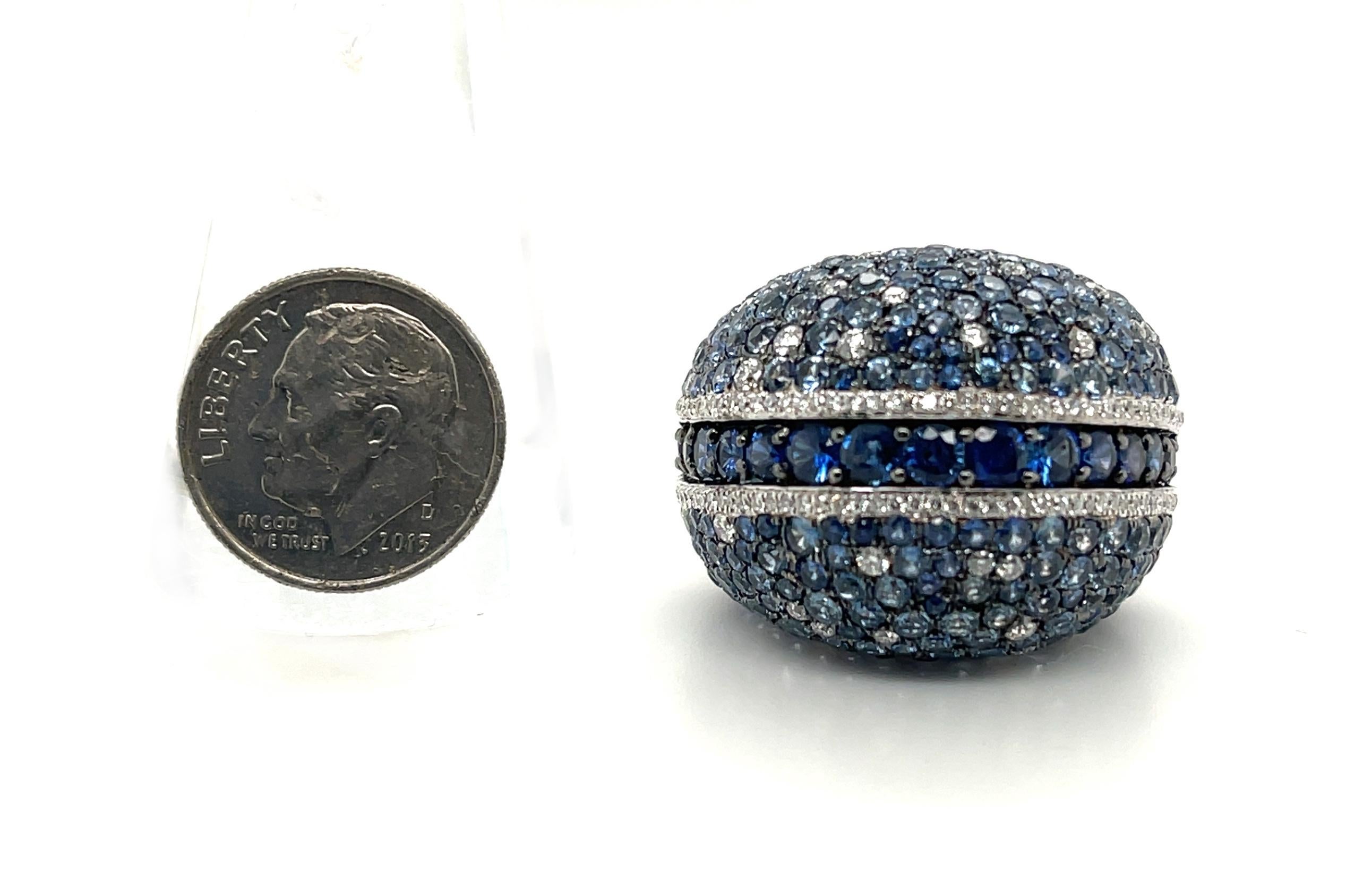 7.90 Carats Total Blue Sapphire and Diamond Pave White Gold Dome Cocktail Ring For Sale 1
