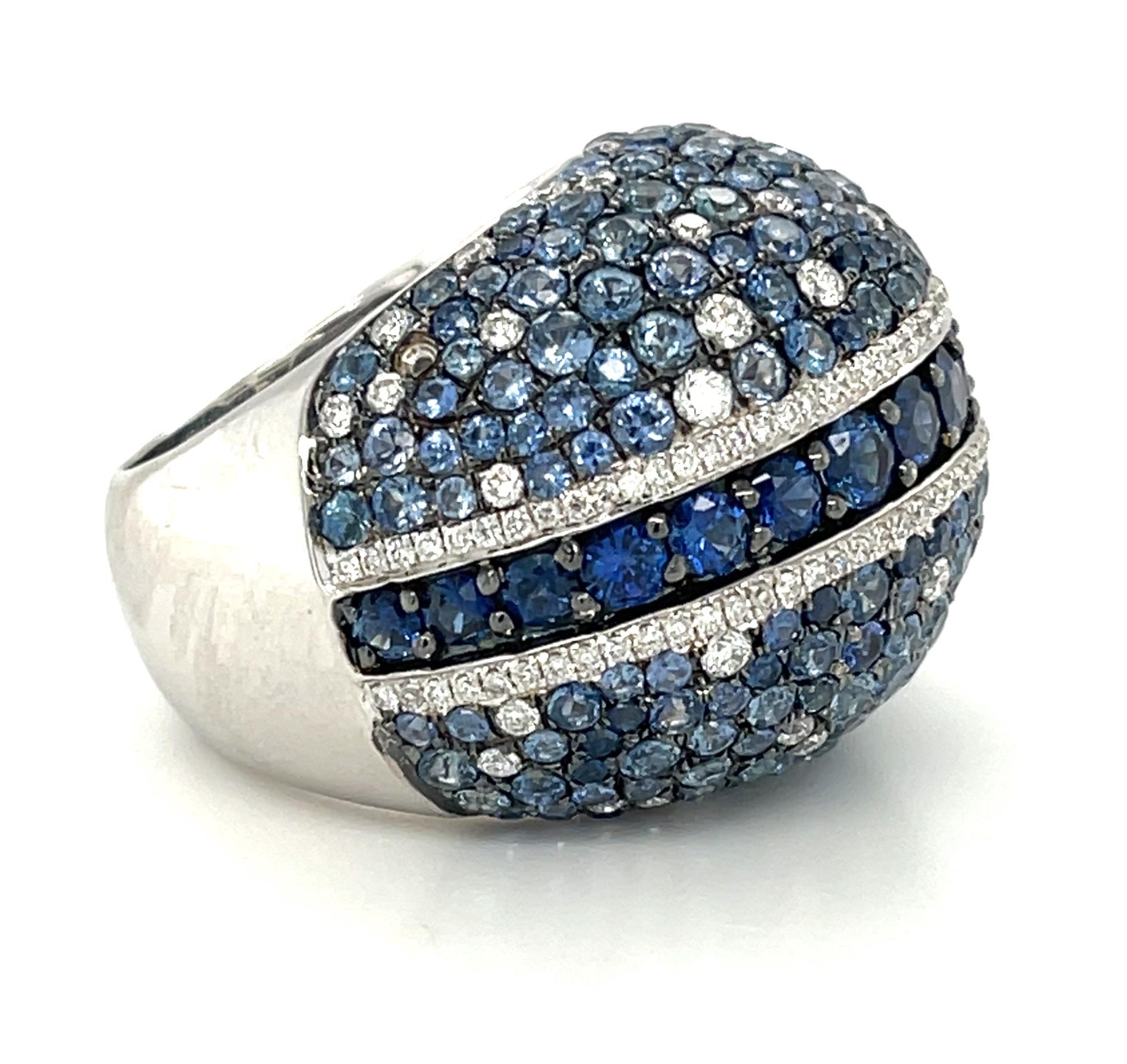 Artisan 7.90 Carats Total Blue Sapphire and Diamond Pave White Gold Dome Cocktail Ring For Sale