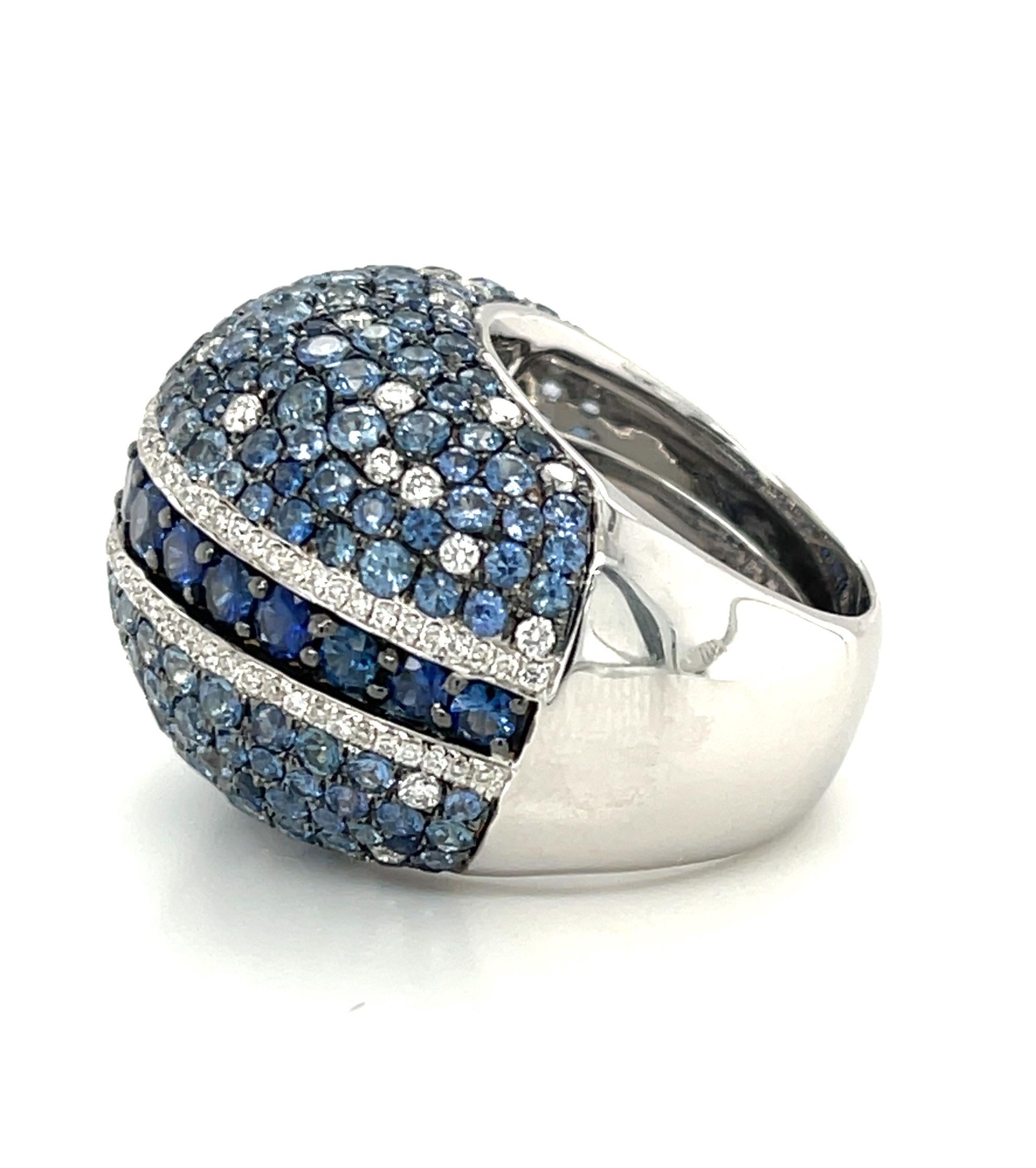 7.90 Carats Total Blue Sapphire and Diamond Pave White Gold Dome Cocktail Ring In New Condition For Sale In Los Angeles, CA