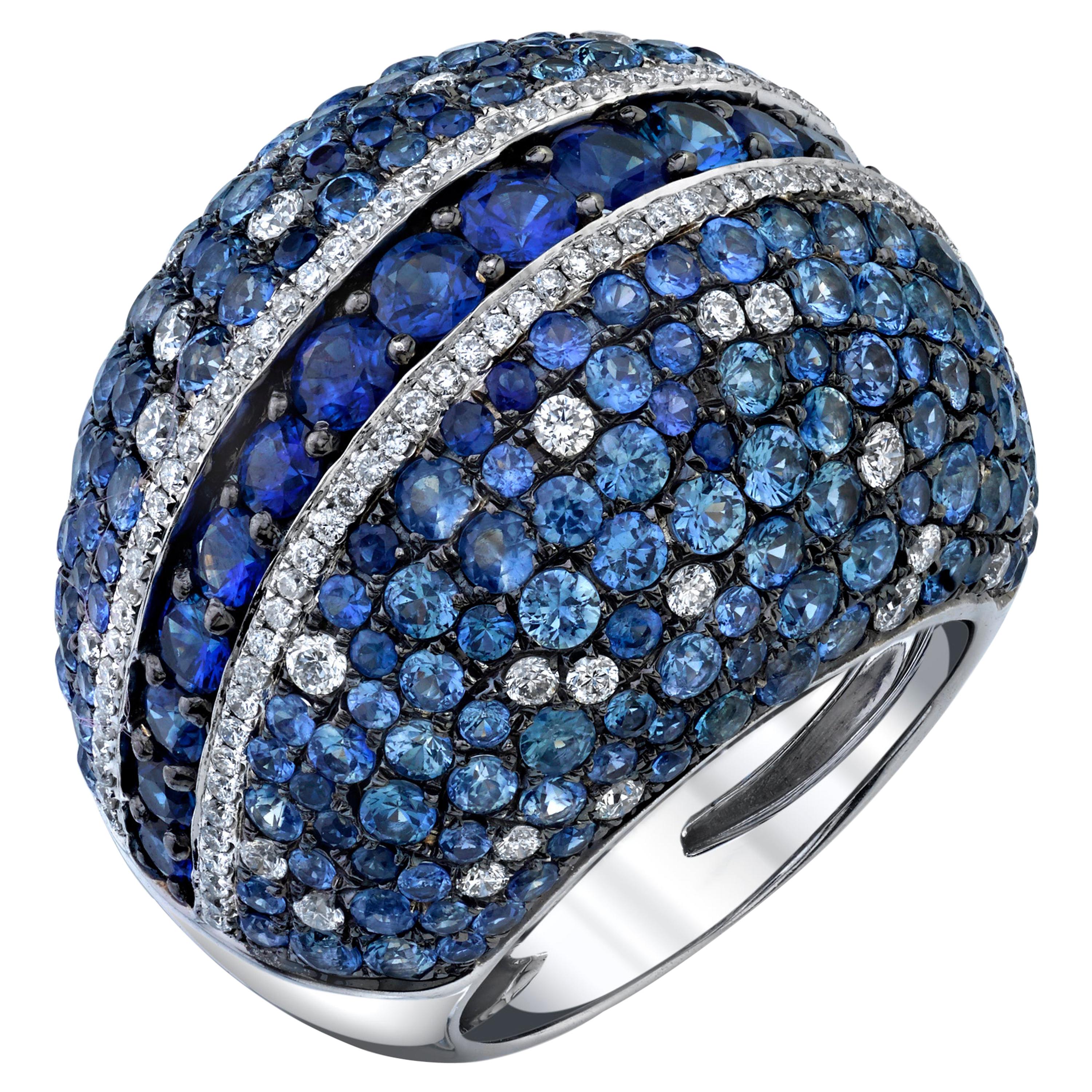 7.90 Carats Total Blue Sapphire and Diamond Pave White Gold Dome Cocktail Ring For Sale