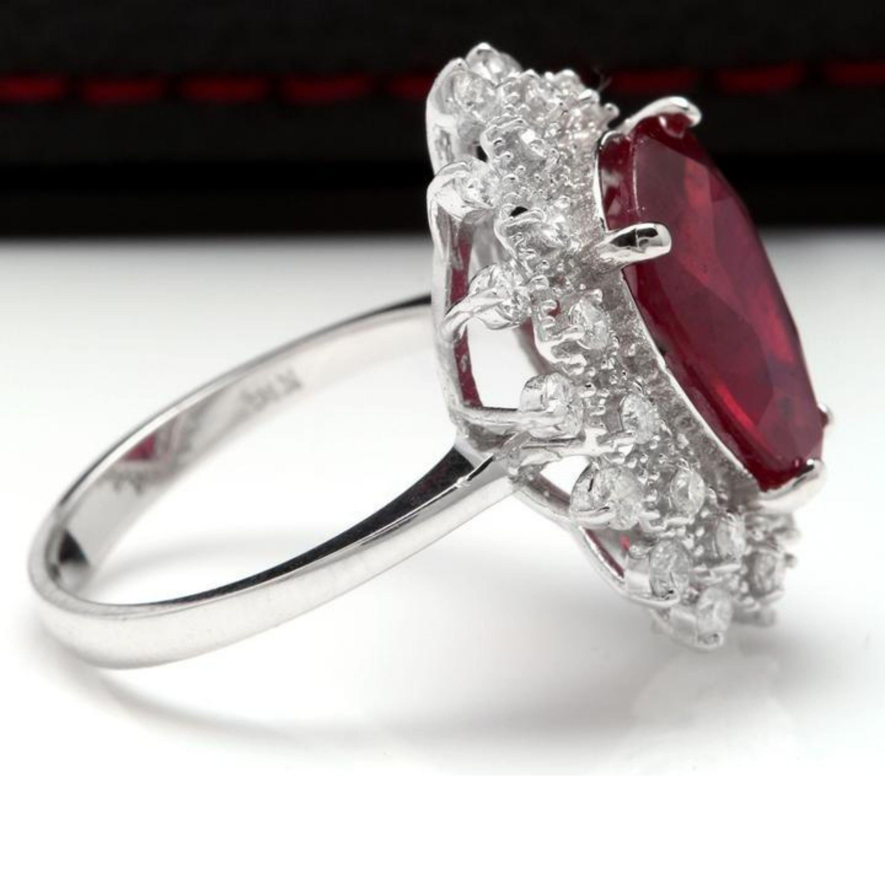 7.90 Karat Beeindruckender natürlicher roter Rubin und Diamant 14K Weißgold Ring

Total Natural Red Ruby Gewicht ist: Ca. 7.00 Karat (Bleiglas gefüllt)

Rubin Maße: Ca. 14,20 x 10,70 mm

Natürliche runde Diamanten Gewicht: Ca. 0,90 Karat (Farbe G-H