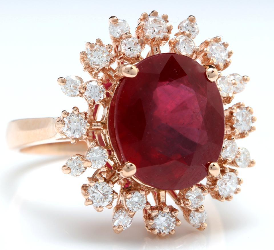 7.90 Carats Impressive Red Ruby and Natural Diamond 14K Rose Gold Ring

Total Red Ruby Weight is: Approx. 7.00 Carats

Ruby Treatment: Lead Glass Filling

Ruby Measures: Approx. 12.00 x 10.00mm

Natural Round Diamonds Weight: Approx. 0.90 Carats