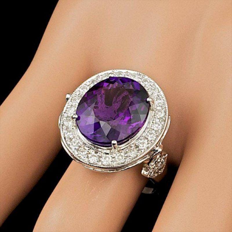 Mixed Cut 7.90 Carats Natural Amethyst and Diamond 14K Solid White Gold Ring For Sale