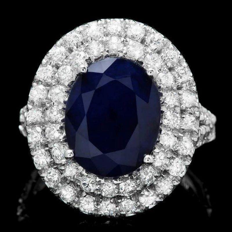 Mixed Cut 7.90 Carats Natural Blue Sapphire and Diamond 14K Solid White Gold Ring For Sale