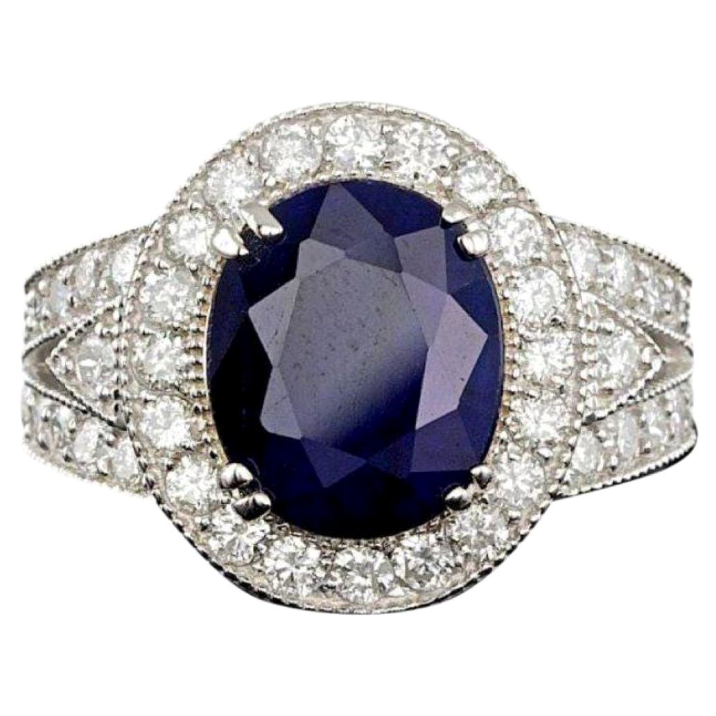 Anello in oro bianco massiccio 14K con zaffiro blu naturale e diamante da 7,90 carati