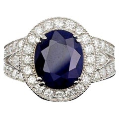 Anello in oro bianco massiccio 14K con zaffiro blu naturale e diamante da 7,90 carati