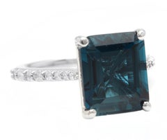 7.90 Carats Natural Impressive London Blue Topaz and Diamond 14K White Gold Ring