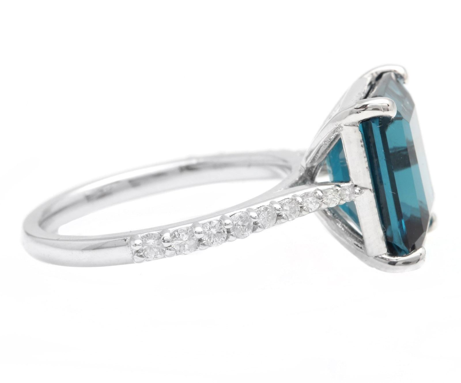 Mixed Cut 7.90 Carats Natural Impressive London Blue Topaz and Diamond 14K White Gold Ring For Sale