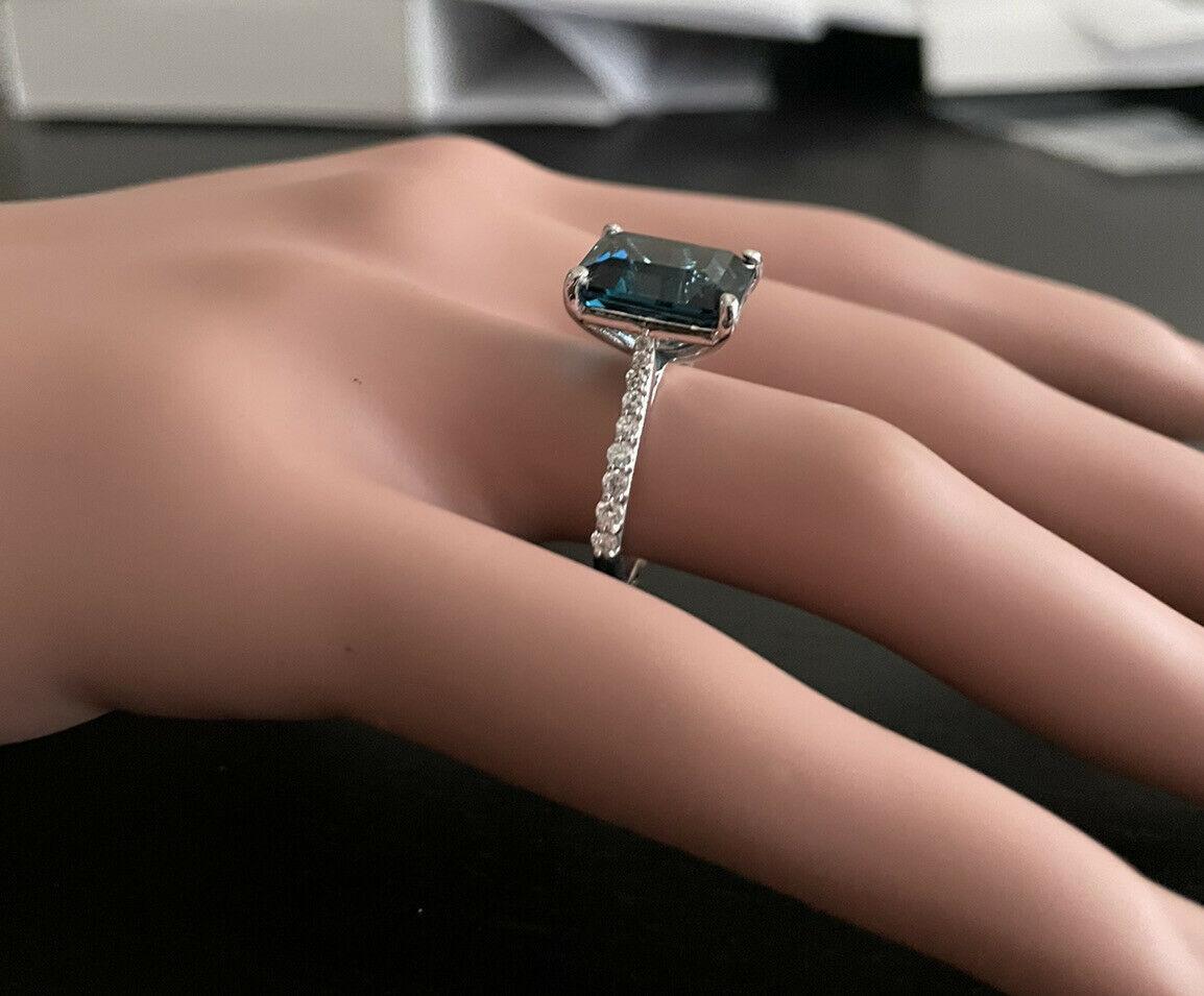 7.90 Carats Natural Impressive London Blue Topaz and Diamond 14K White Gold Ring For Sale 1
